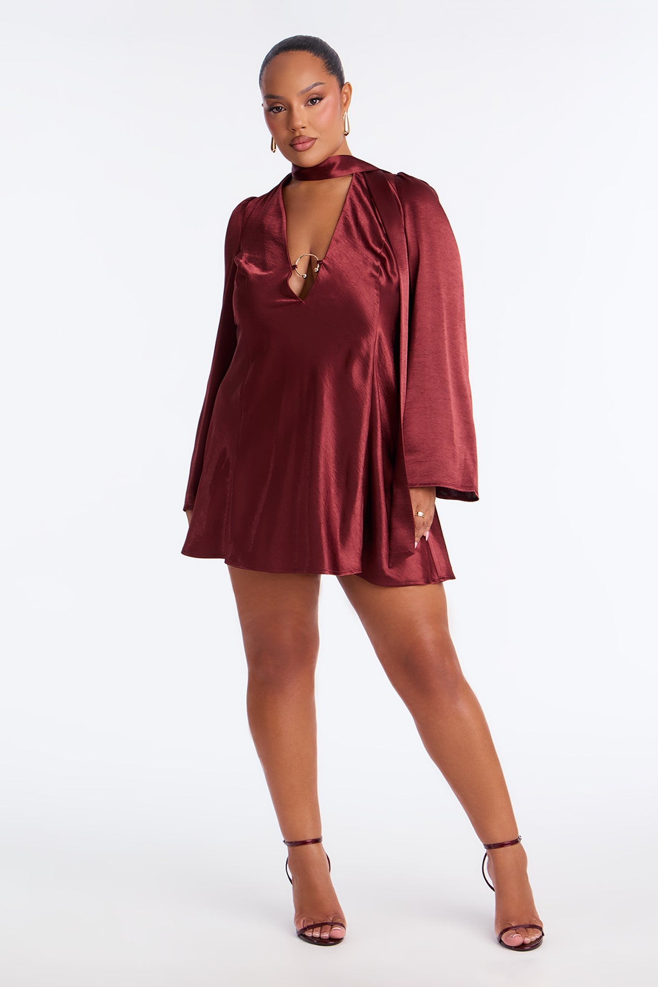 Jasmine Bell Sleeve Satin Mini Dress - Burgundy