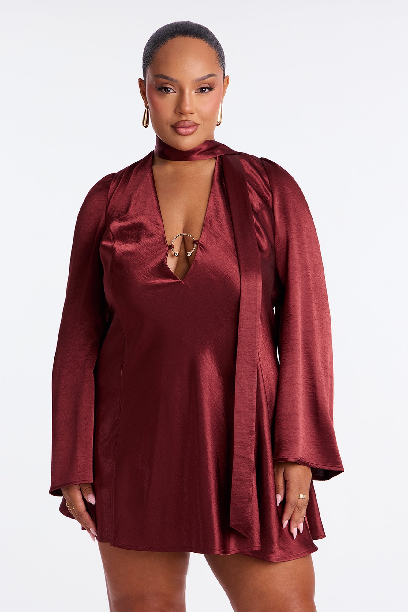 Jasmine Bell Sleeve Satin Mini Dress - Burgundy