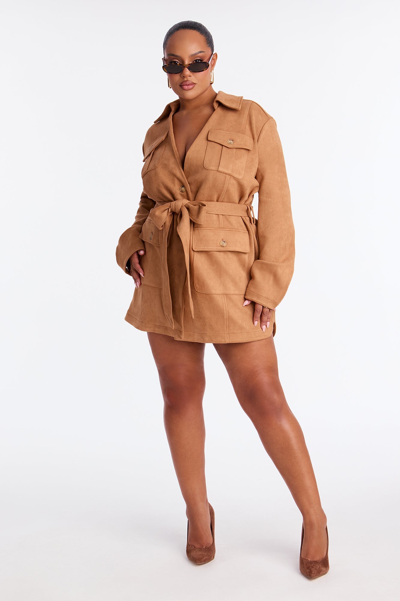 Tessa Tie Waist Faux Suede Mini Dress - Camel