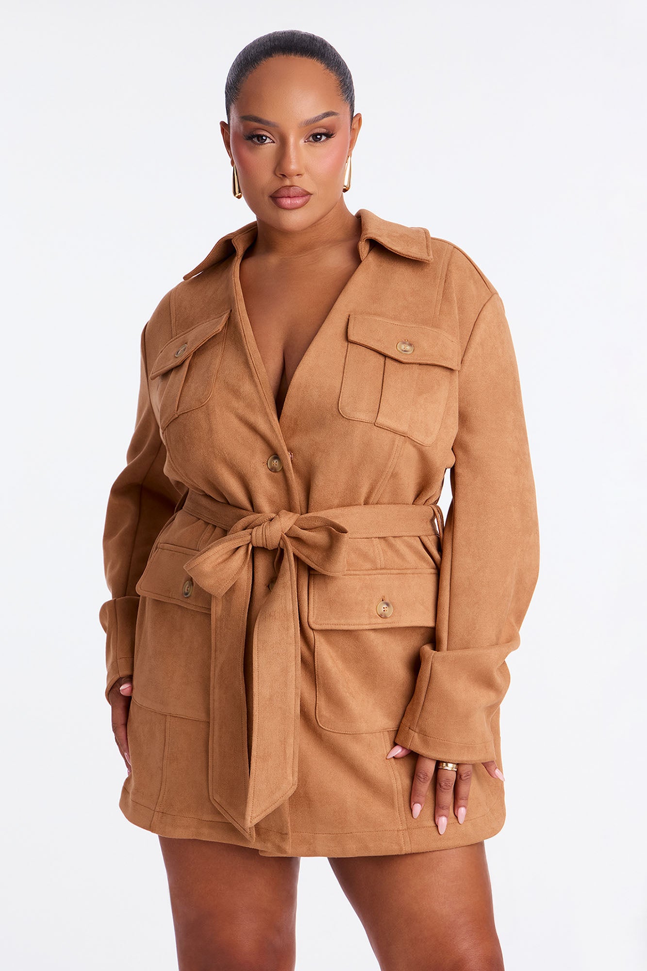 Tessa Tie Waist Faux Suede Mini Dress - Camel