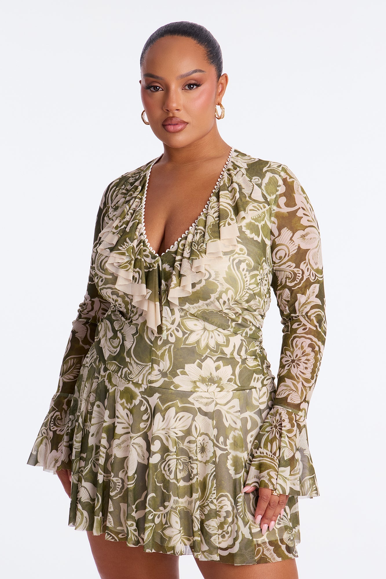 Ivy Ruffle Mesh Mini Dress - Green/combo