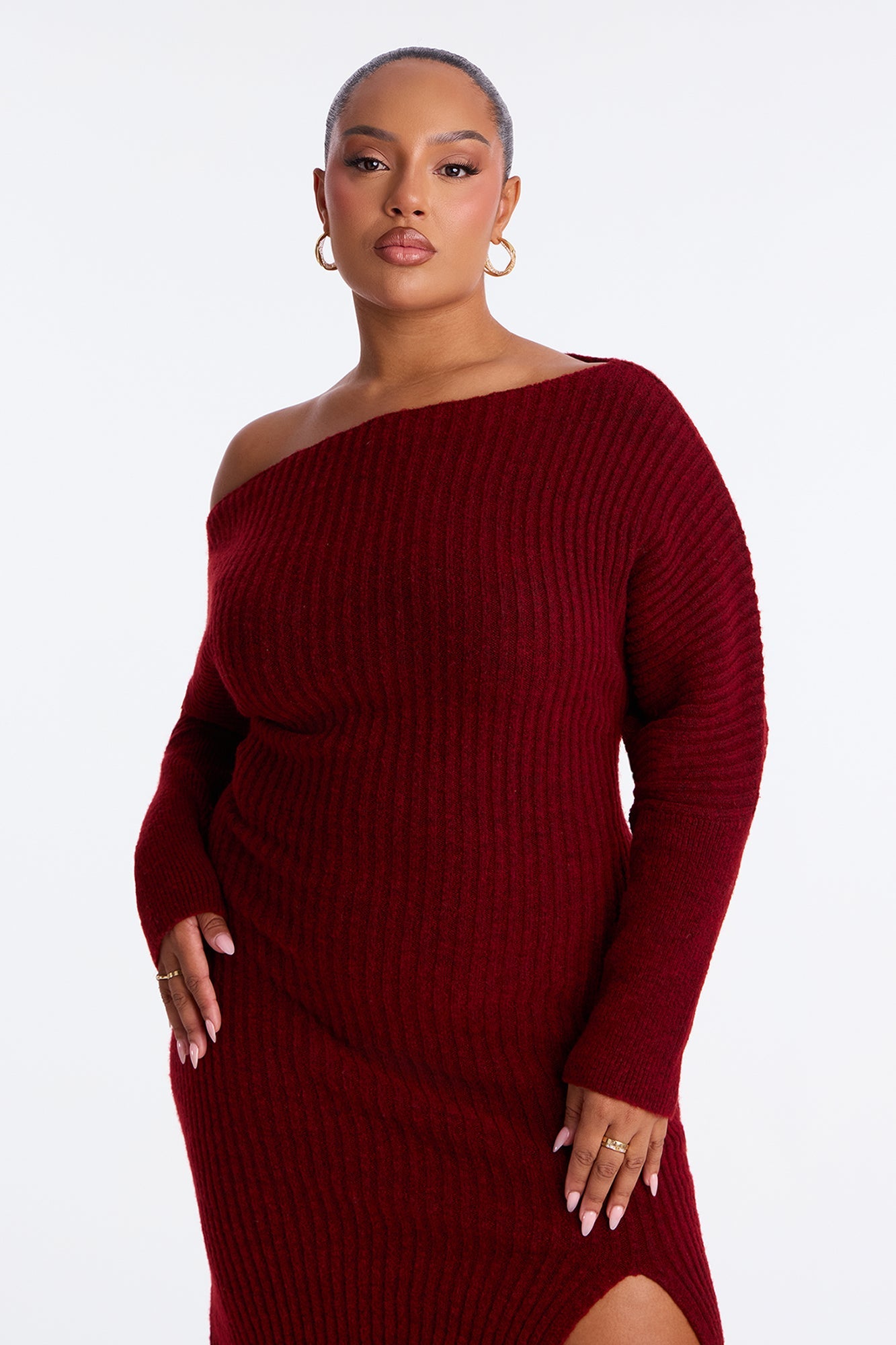 Autumn Leaves One Shoulder Sweater Midi Dress - Burgundy