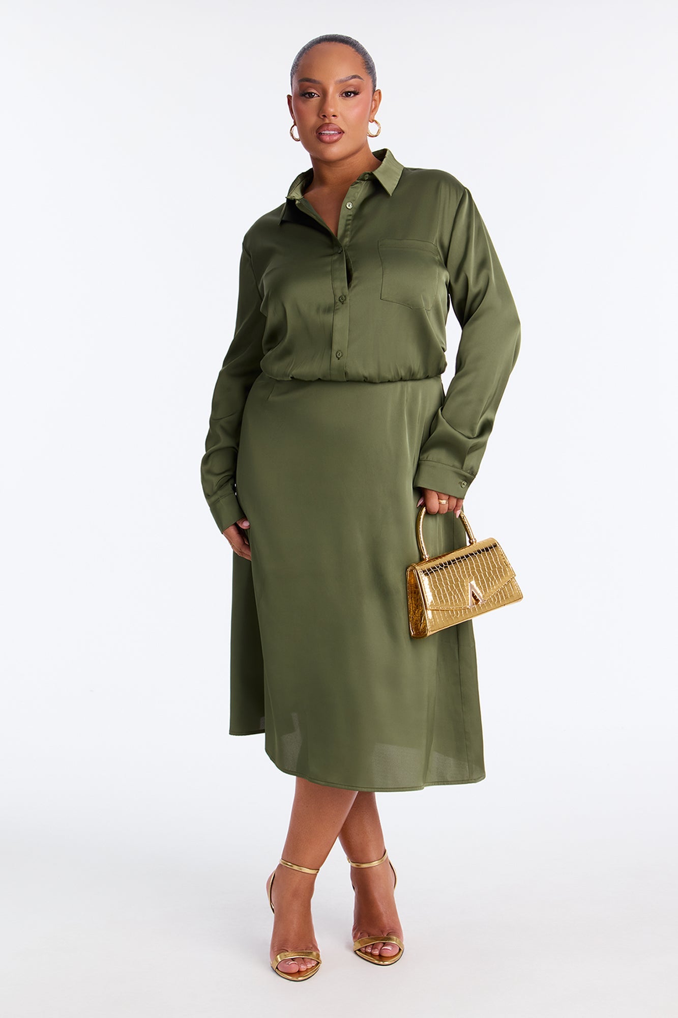 Lori Long Sleeve Satin Midi Dress - Olive