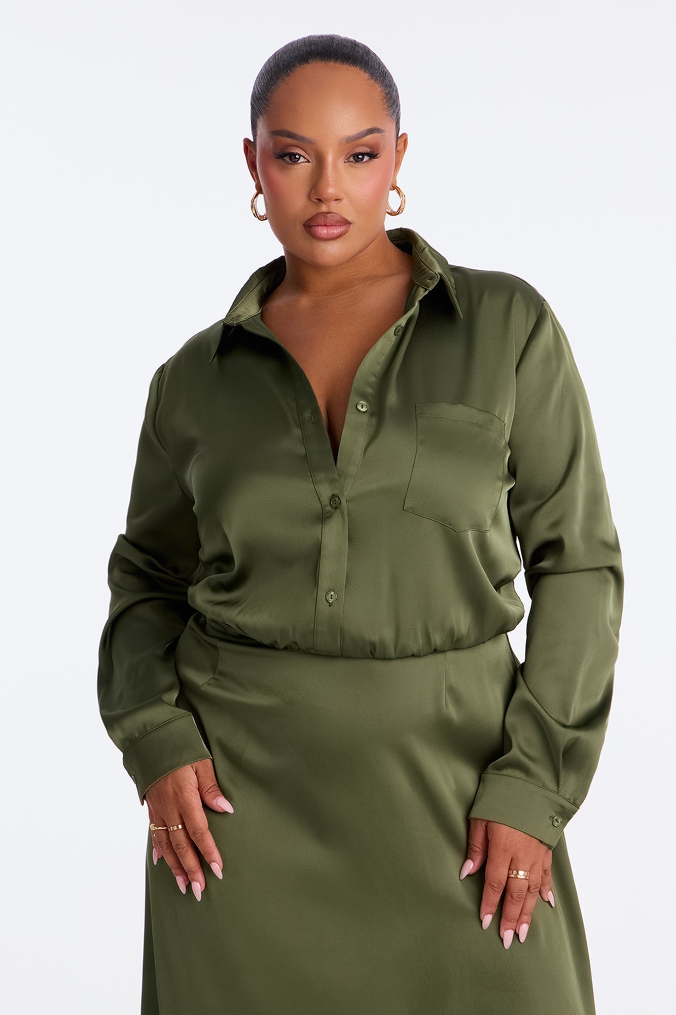 Lori Long Sleeve Satin Midi Dress - Olive