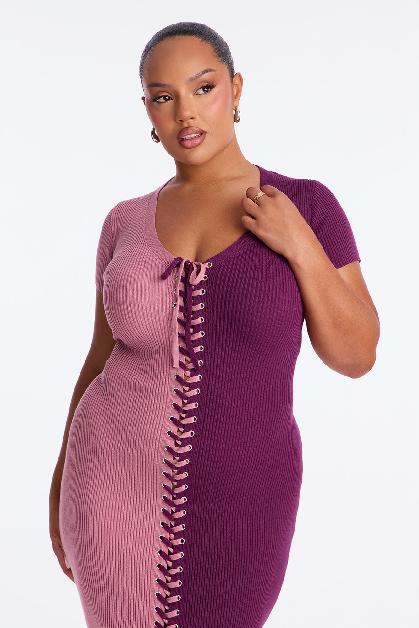 Tied Together Colorblock Sweater Midi Dress - Plum