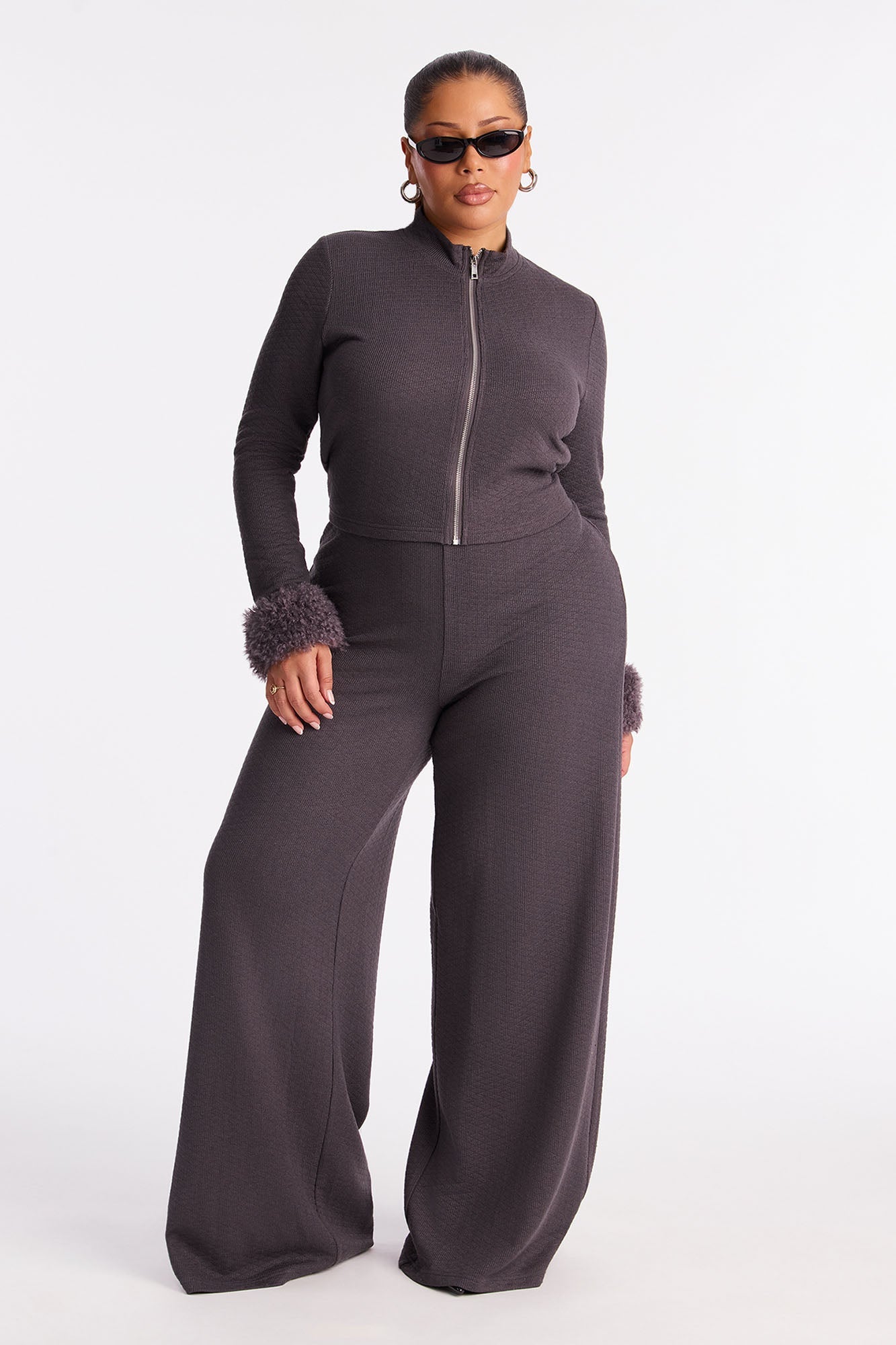 Delilah Faux Fur Trim Pant Set - Charcoal