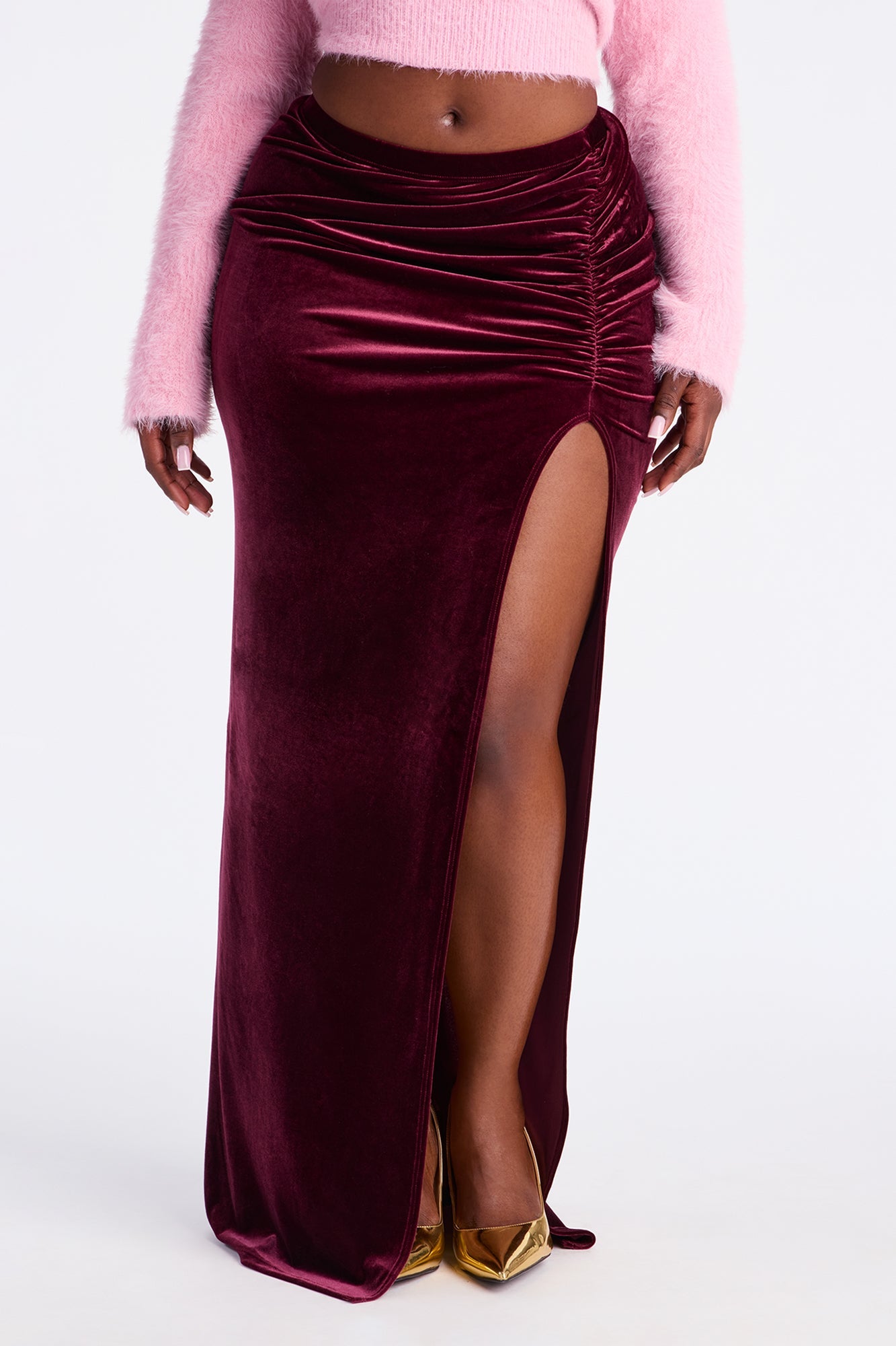 Cheers To Me Ruched High Slit Velvet Maxi Skirt - Wine