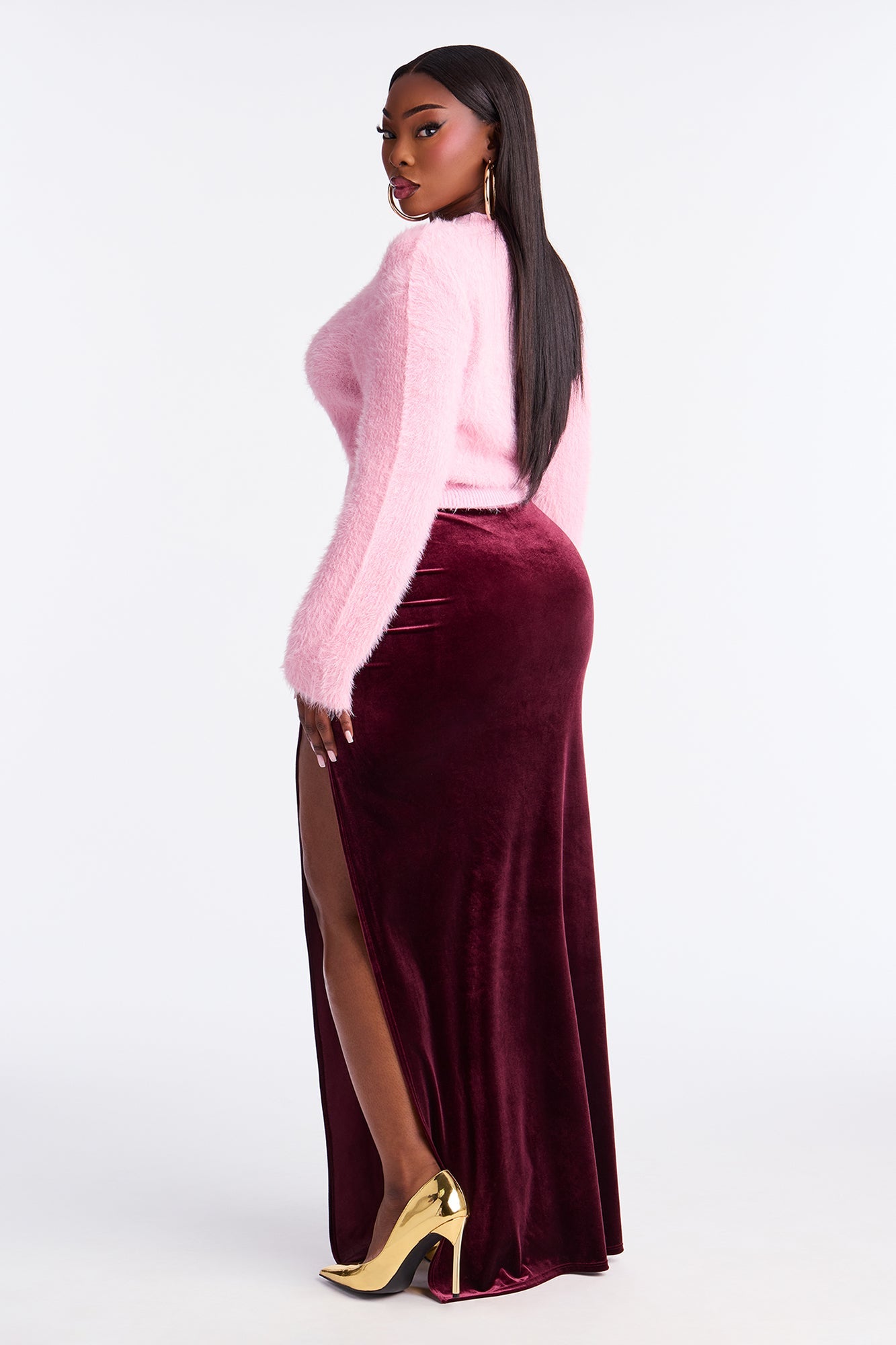 Cheers To Me Ruched High Slit Velvet Maxi Skirt - Wine