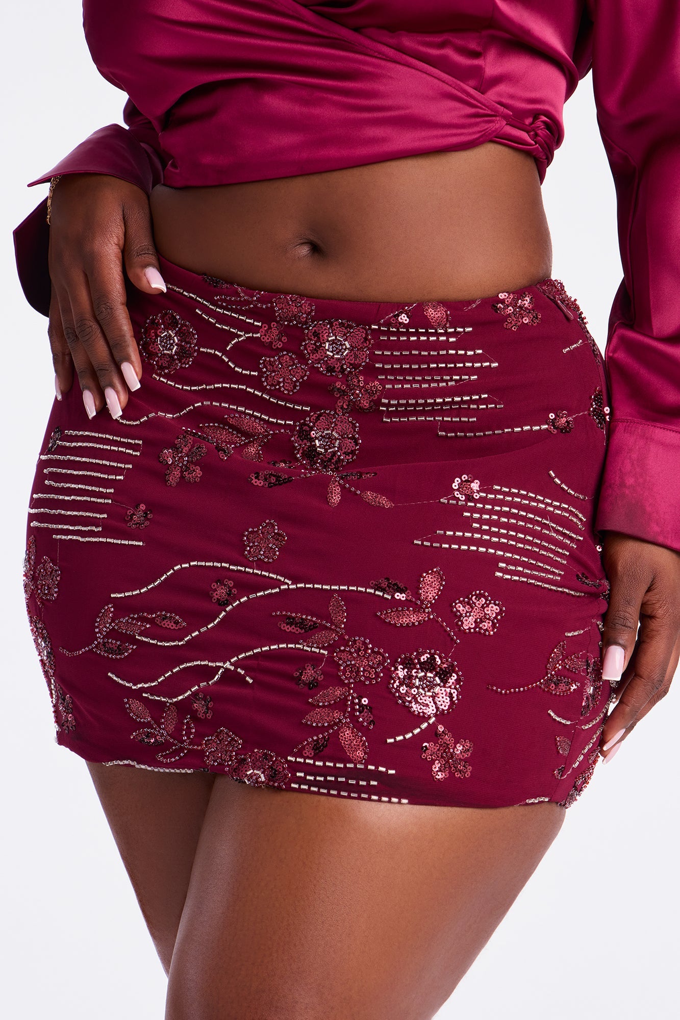 Life Of The Party Floral Beaded Mini Skirt - Burgundy