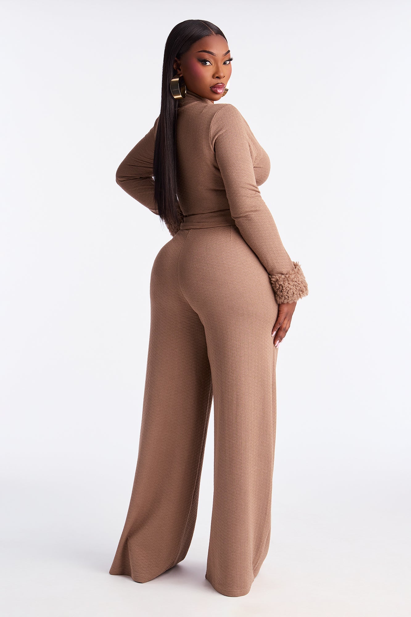 Delilah Faux Fur Trim Pant Set - Mocha