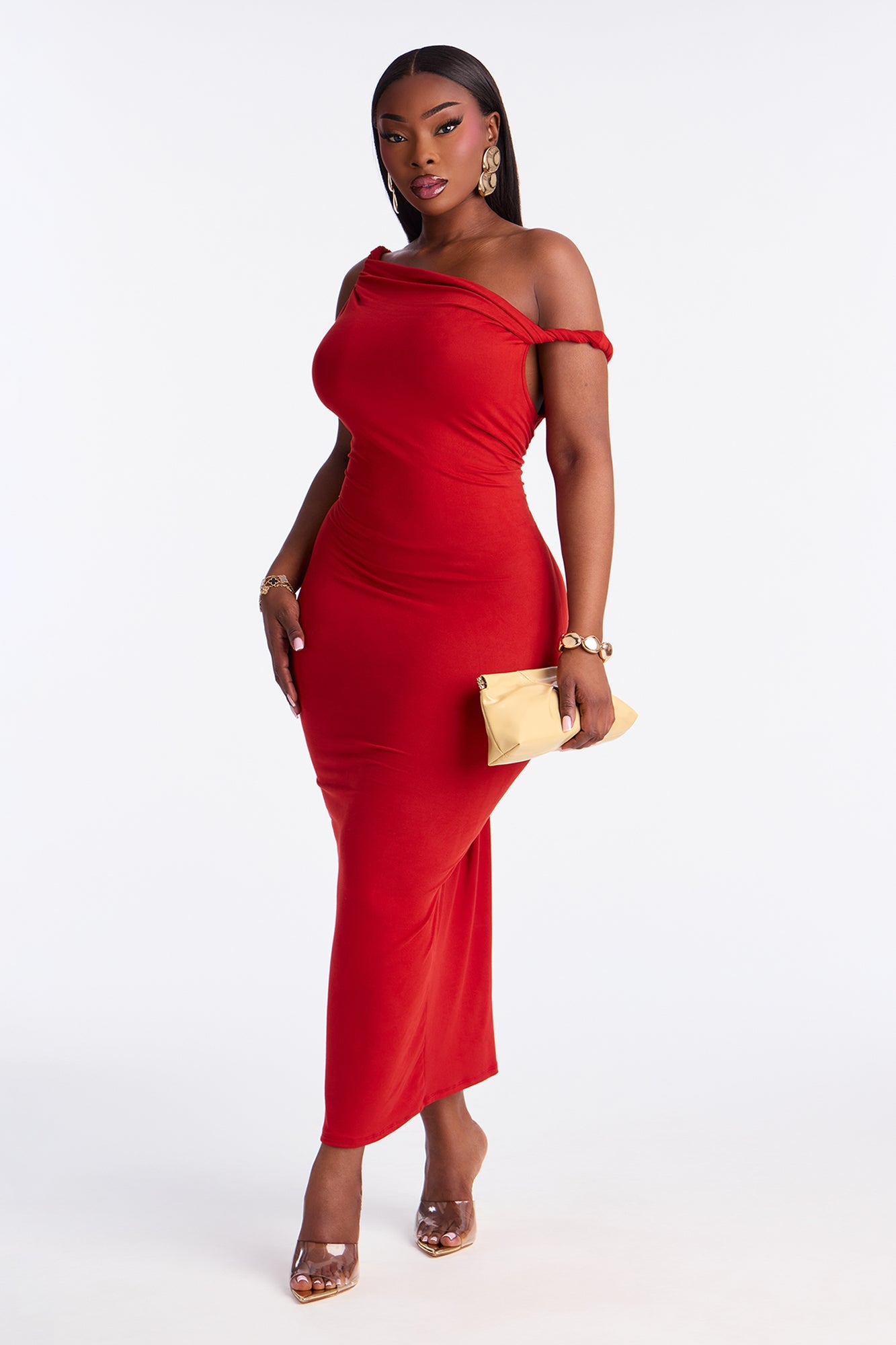 Cassie Off Shoulder Midi Dress - Rust