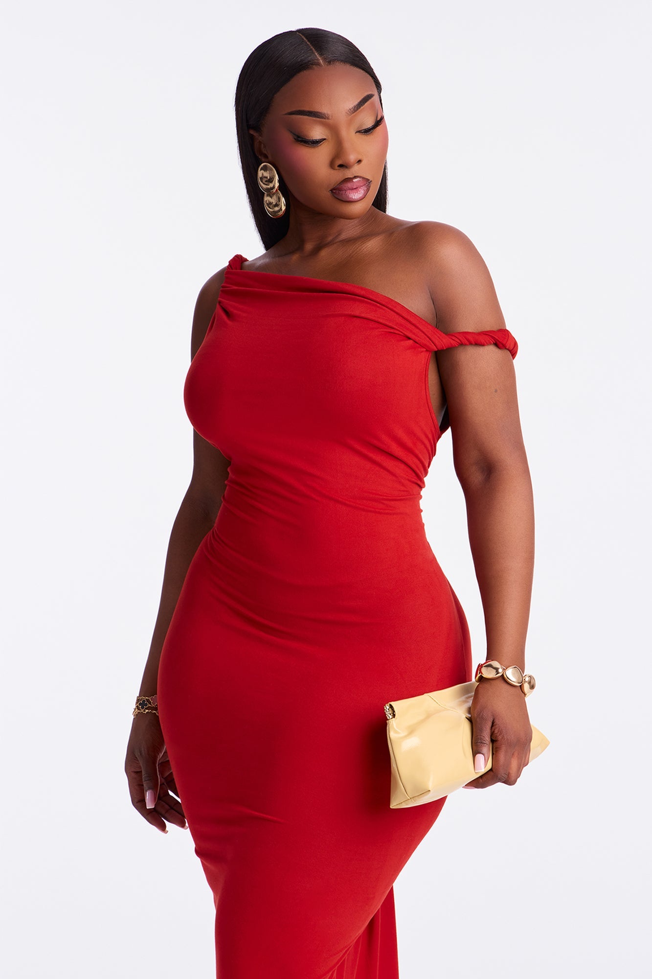 Cassie Off Shoulder Midi Dress - Rust