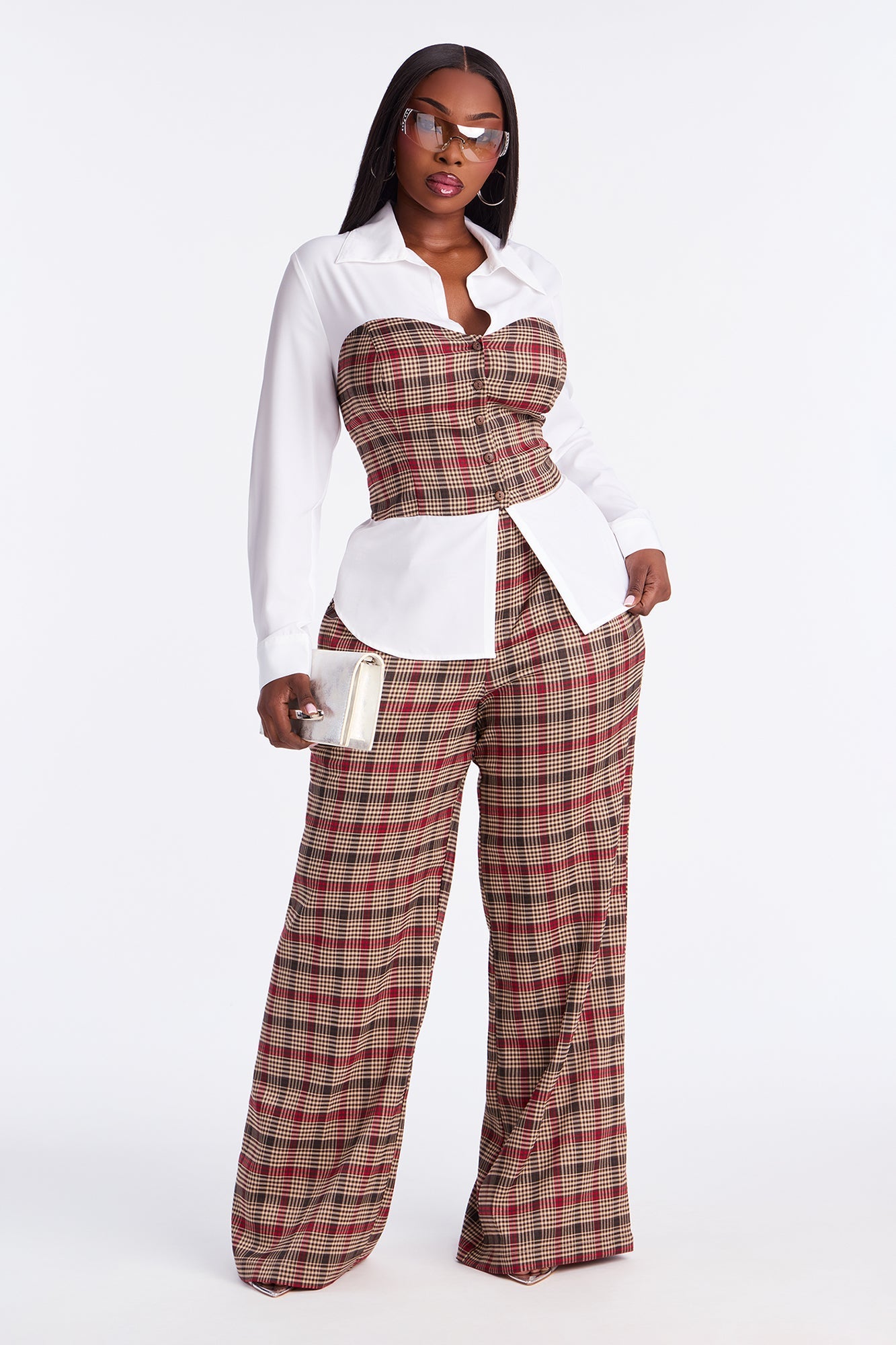 Straight To It Plaid Pant Set - Brown Combo