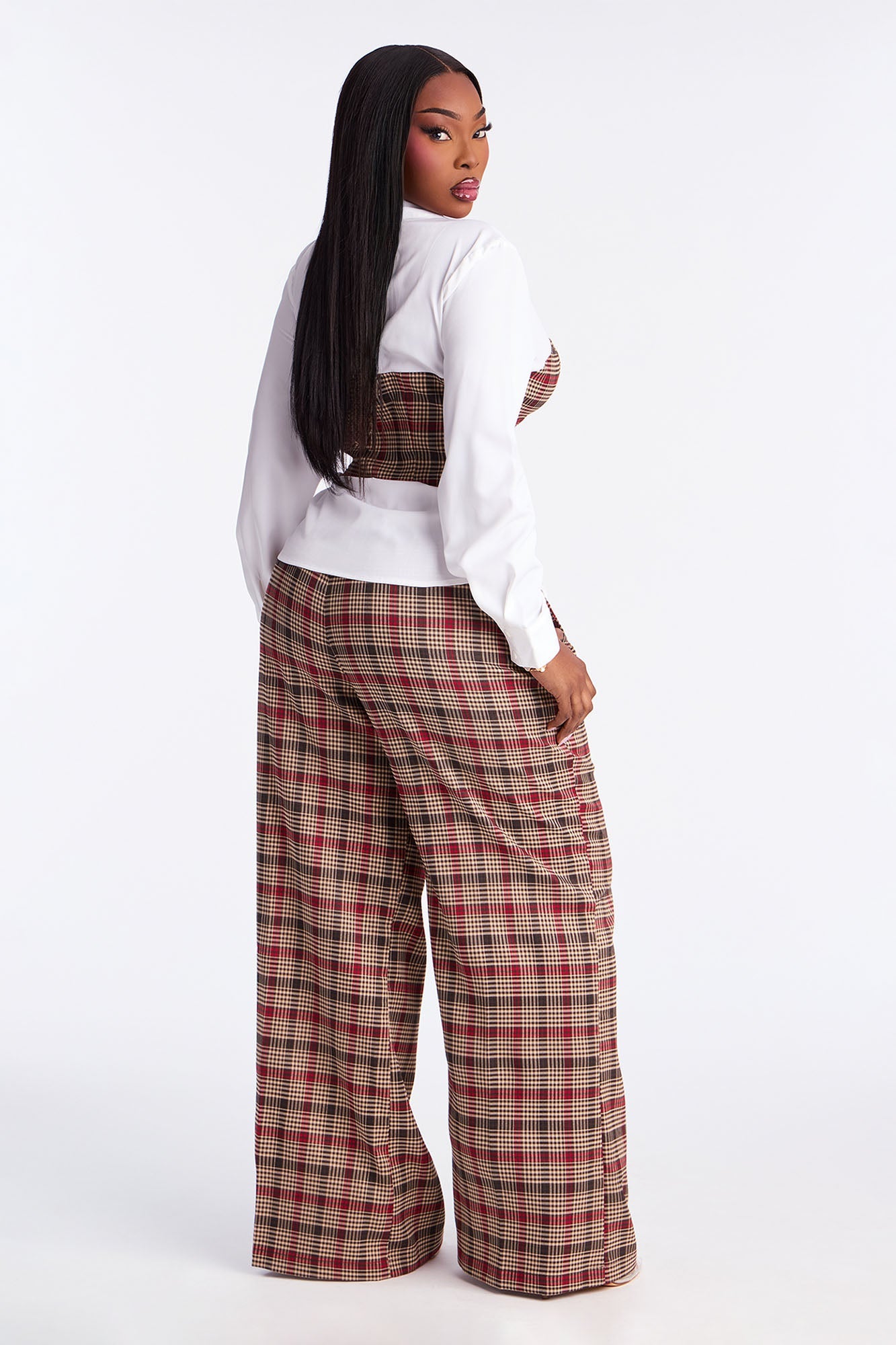 Straight To It Plaid Pant Set - Brown Combo
