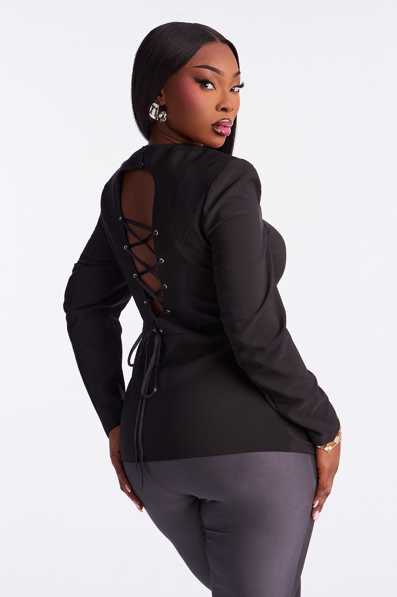 My Own Lane Shoulder Pads Lace Up Top - Black