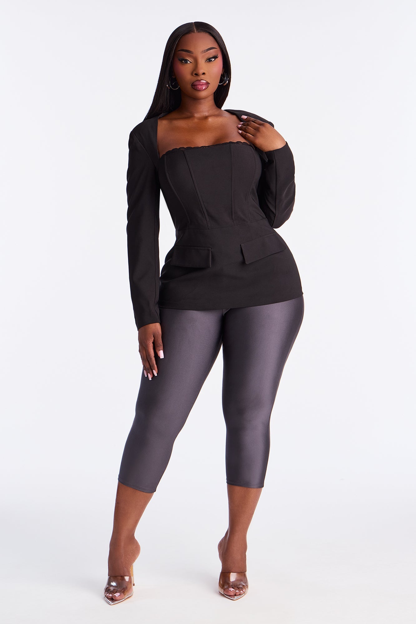 My Own Lane Shoulder Pads Lace Up Top - Black