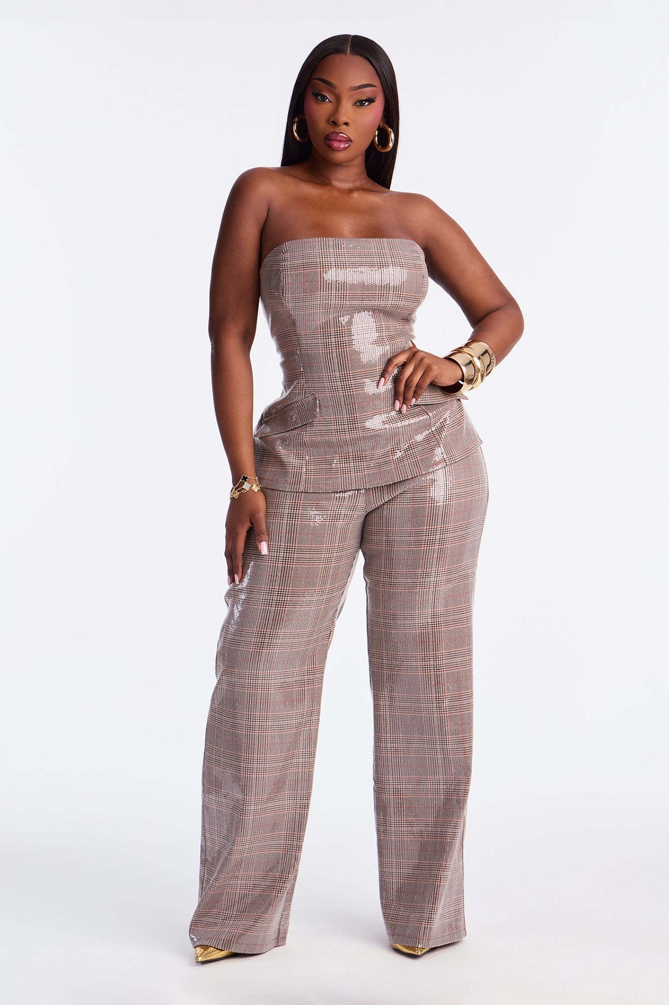 It Girl Sequin Plaid Strapless Jumpsuit - Brown/combo