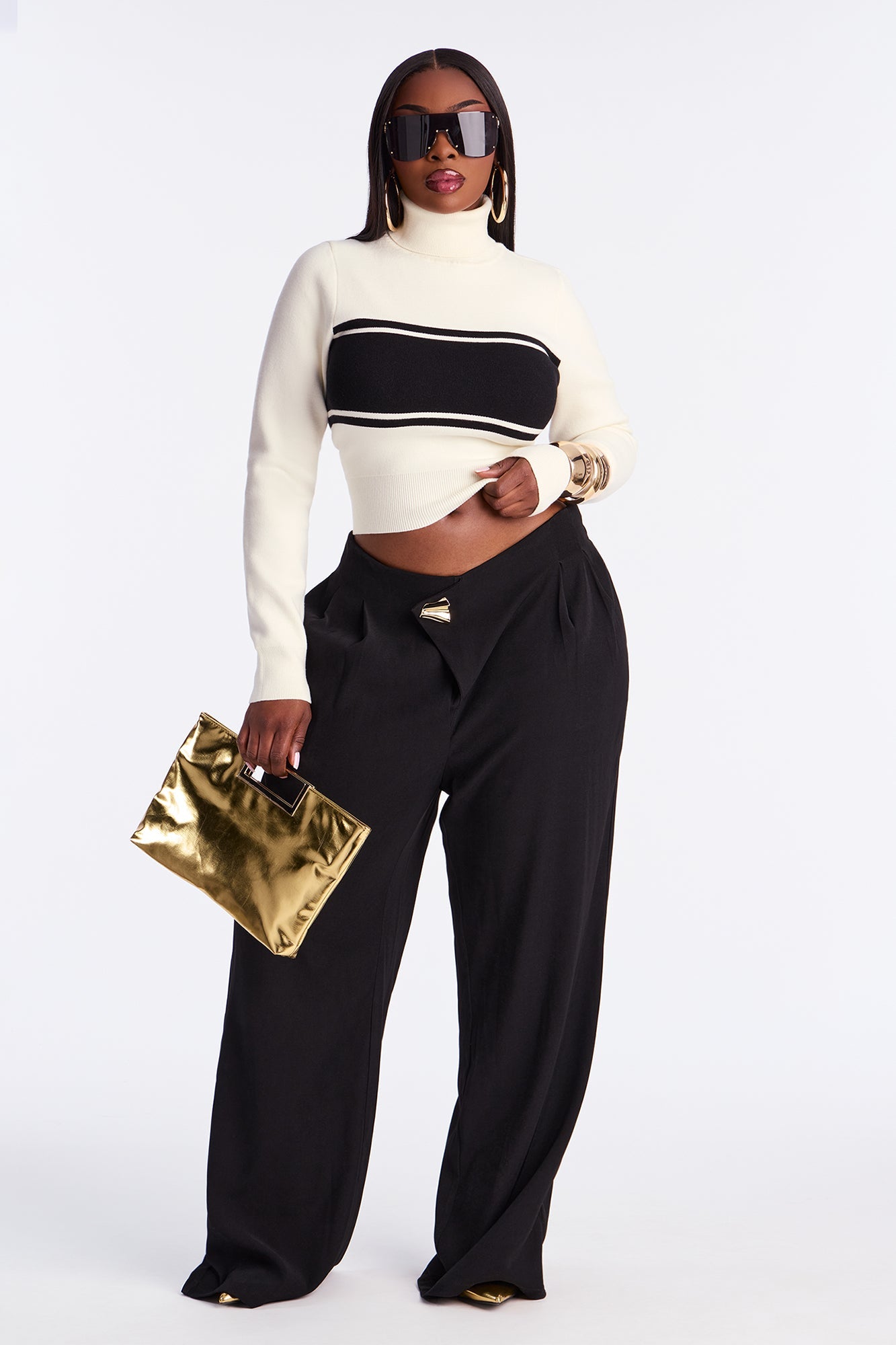 Hot Gossip Turtle Neck Striped Sweater - White/Black