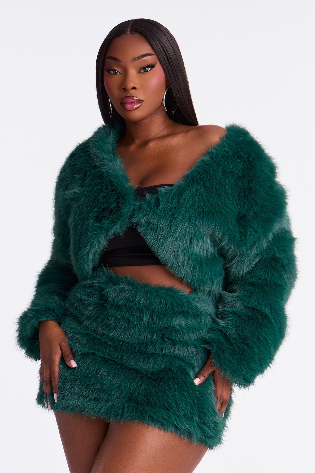 Fiona Faux Fur Mini Skirt Set - Hunter Green