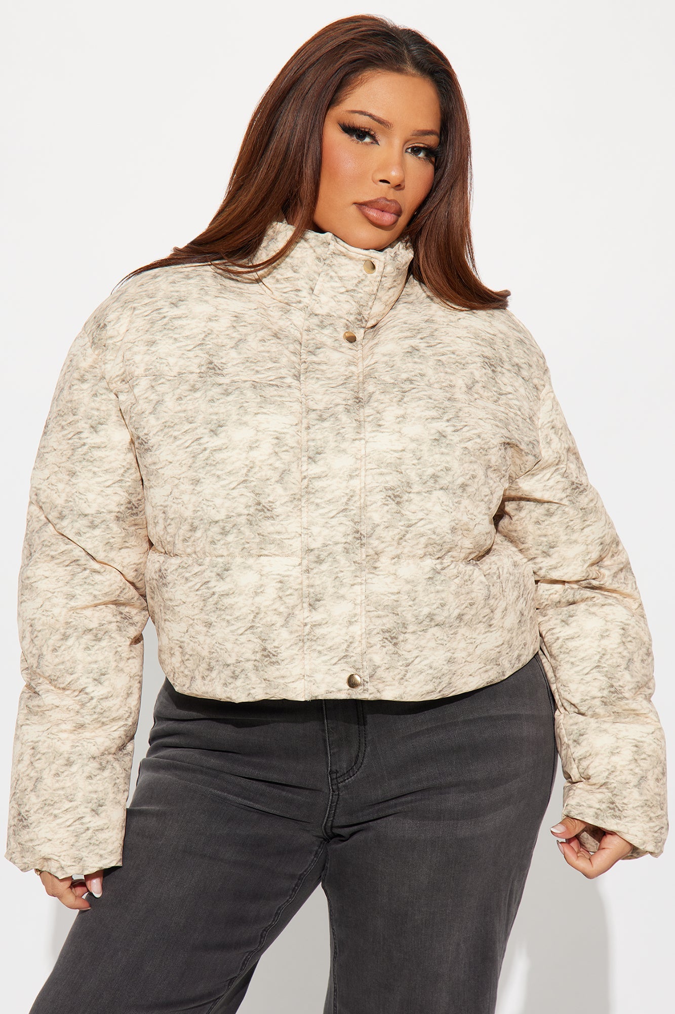 Stepping Out Washed Puffer Jacket - Beige/Brown