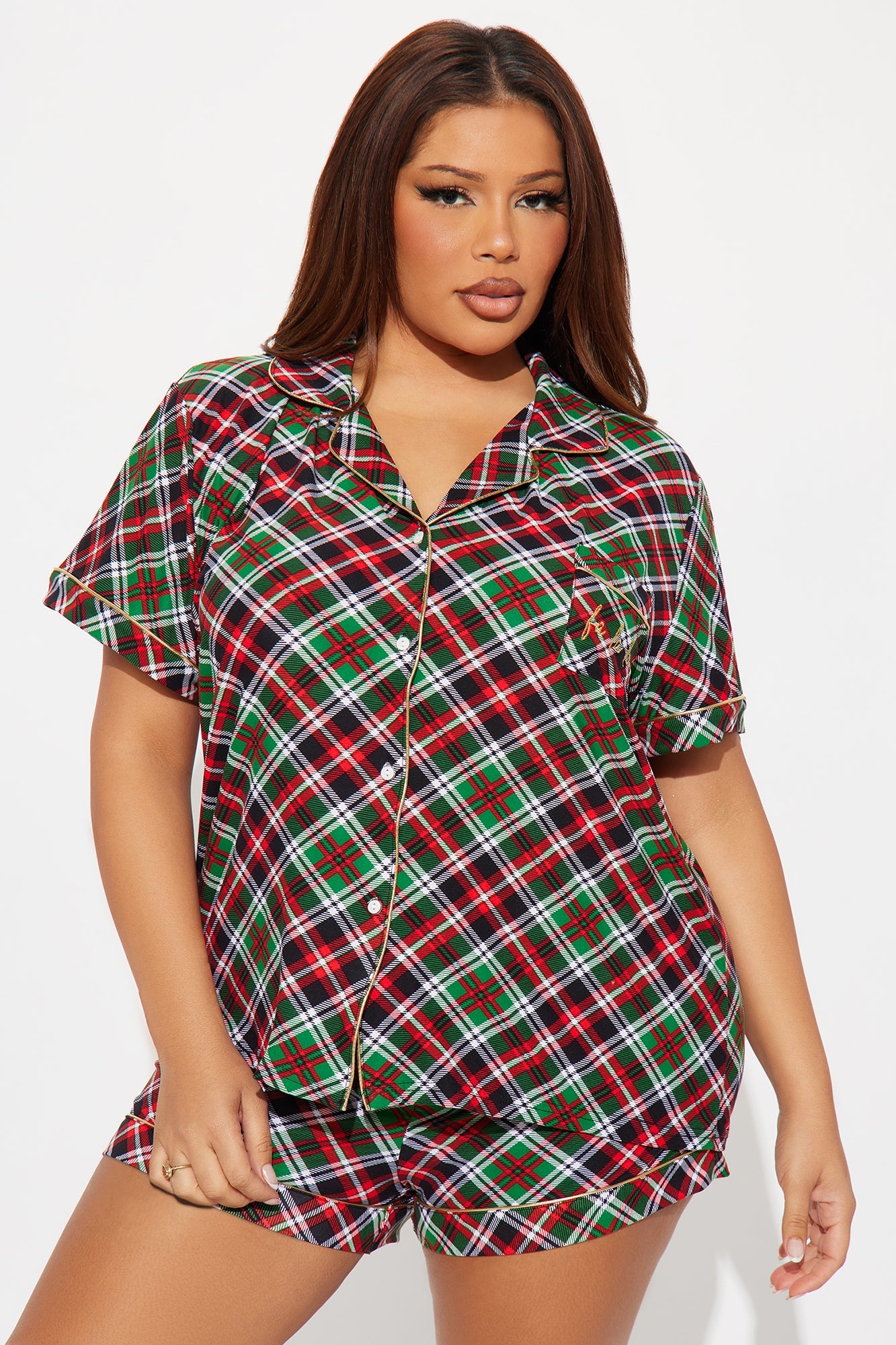 FaLaLa Embroidered Glitter Short Sleeve PJ Short Set - Green/combo