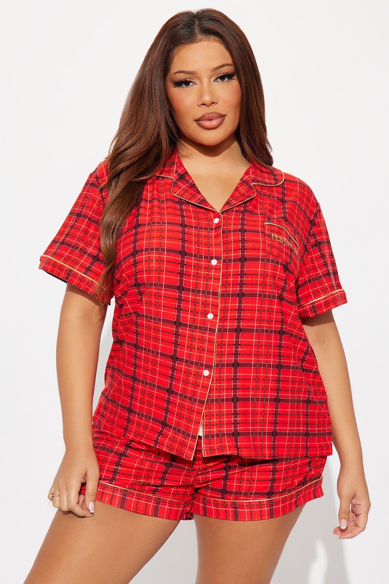 Festive AF Embroidered Glitter Short Sleeve PJ Short Set - Red