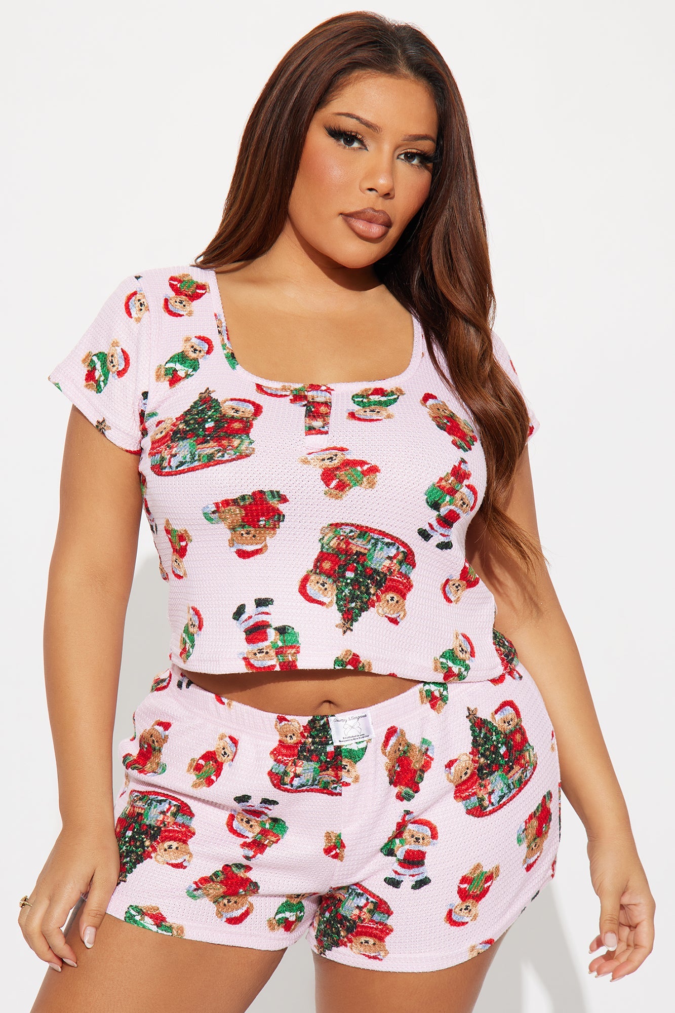 Christmas Teddy Bears Waffle Short Sleeve PJ Boxer Short Set - Pink