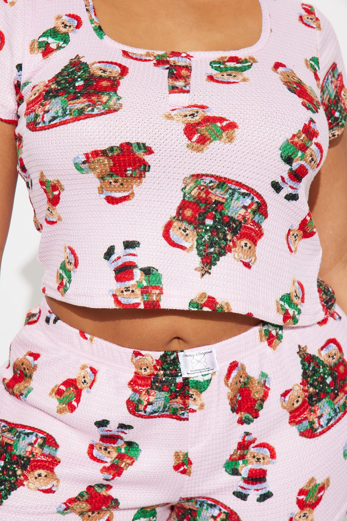 Christmas Teddy Bears Waffle Short Sleeve PJ Boxer Short Set - Pink