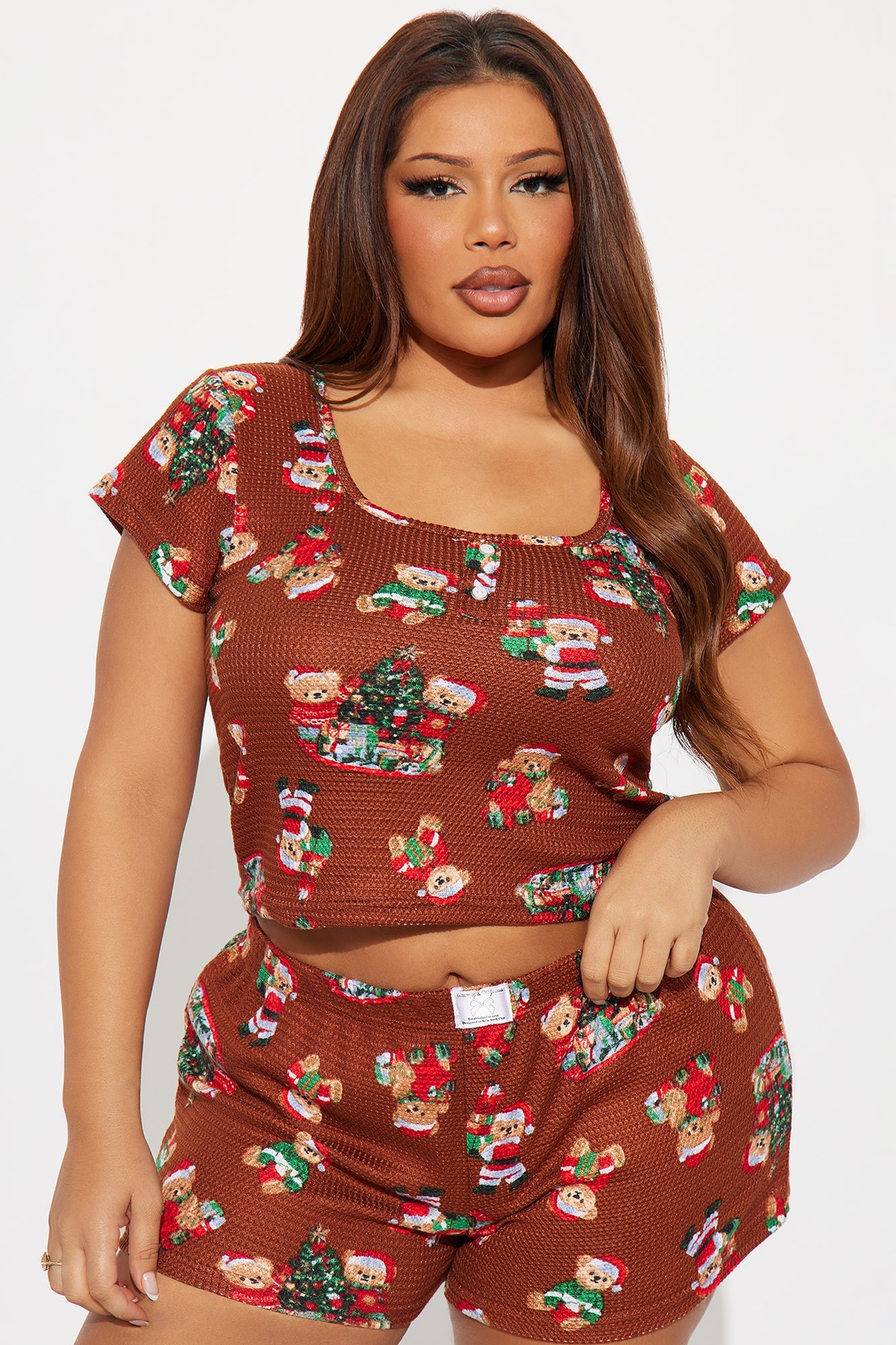 Christmas Teddy Bears Waffle Short Sleeve PJ Boxer Short Set - Chocolate