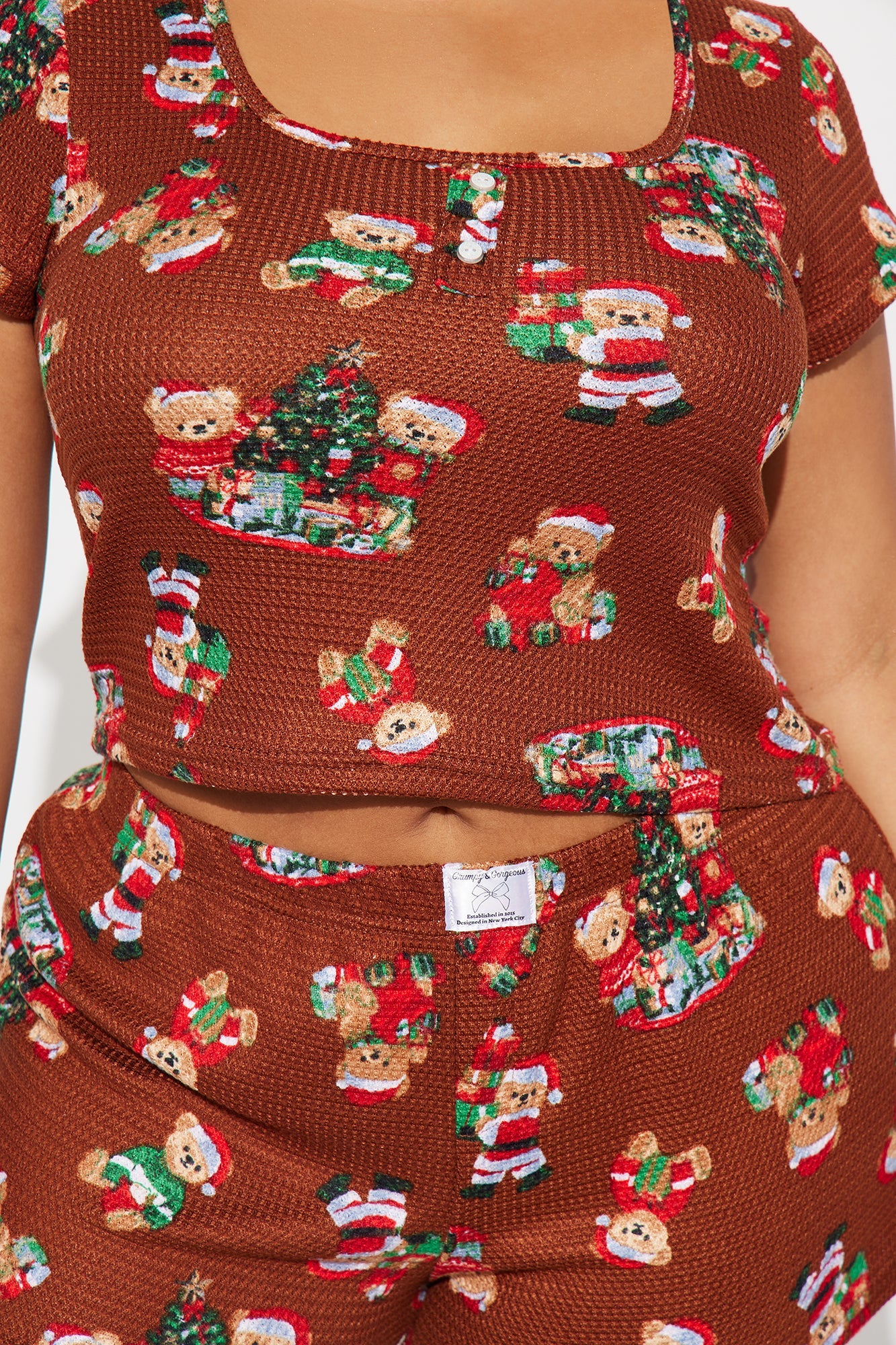 Christmas Teddy Bears Waffle Short Sleeve PJ Boxer Short Set - Chocolate