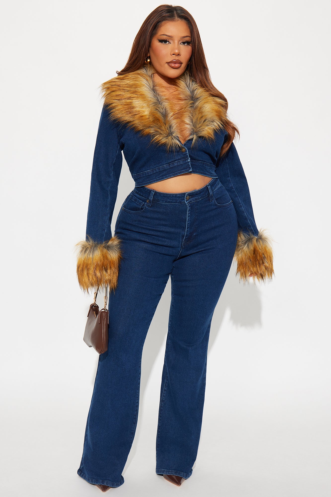 Mane Attraction Faux Fur Denim Pant Set - Dark Wash