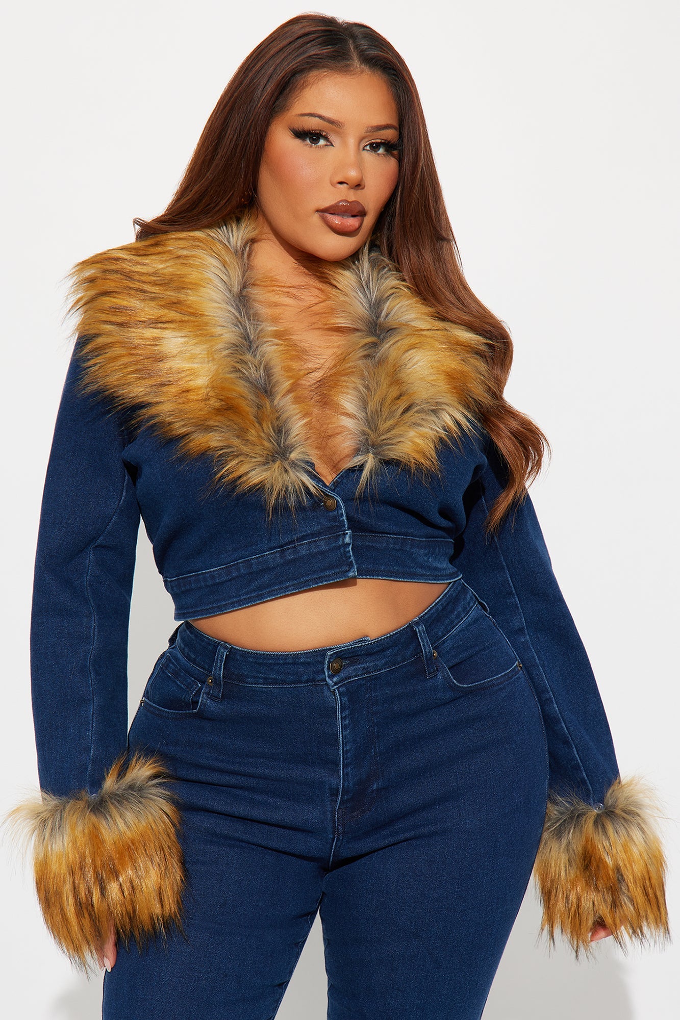 Mane Attraction Faux Fur Denim Pant Set - Dark Wash