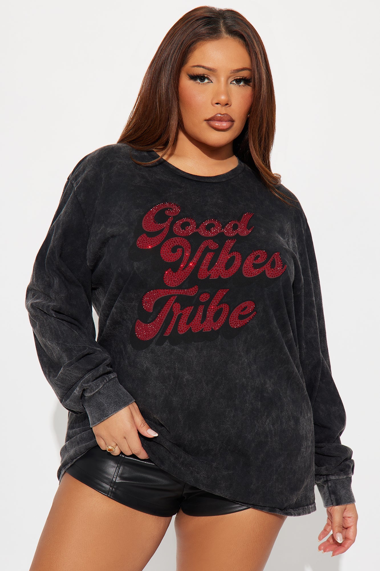 Good Vibes Tribe Washed Long Sleeve Tee - Grey Mineral Wash