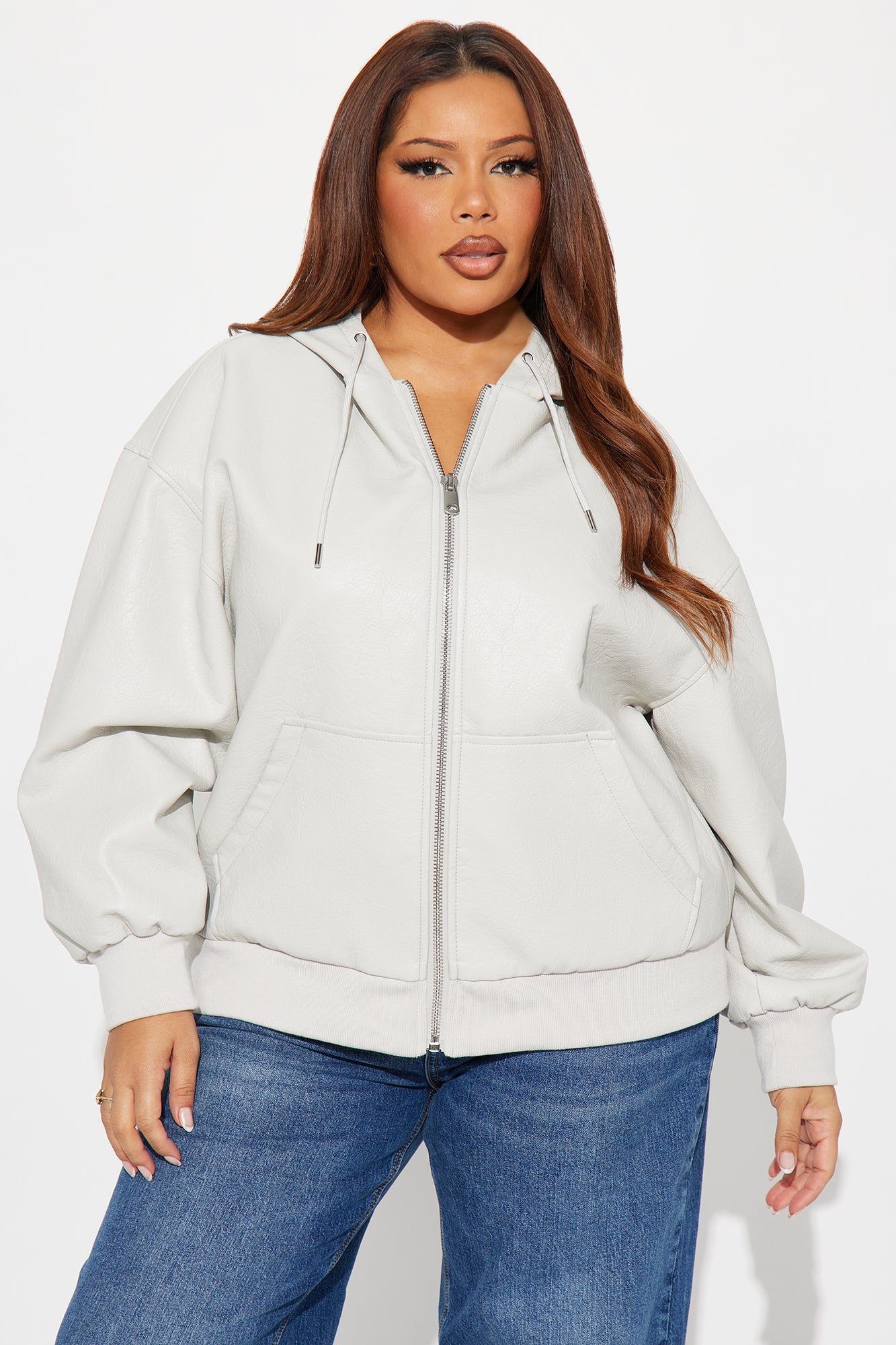Alix Faux Leather Oversized Bomber Jacket - Light Grey