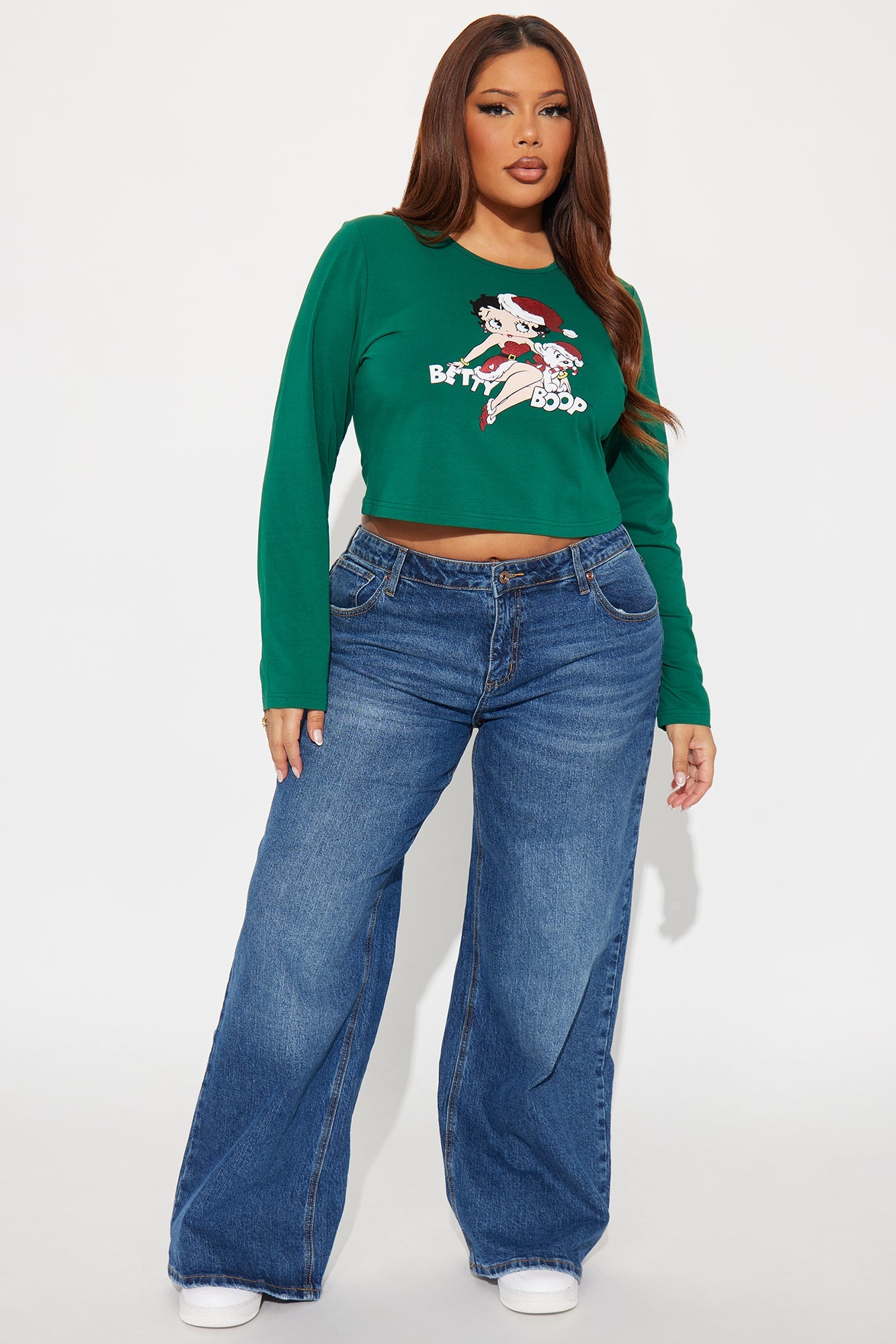 Betty Boop Holiday Glitter Long Sleeve Baby Tee - Green