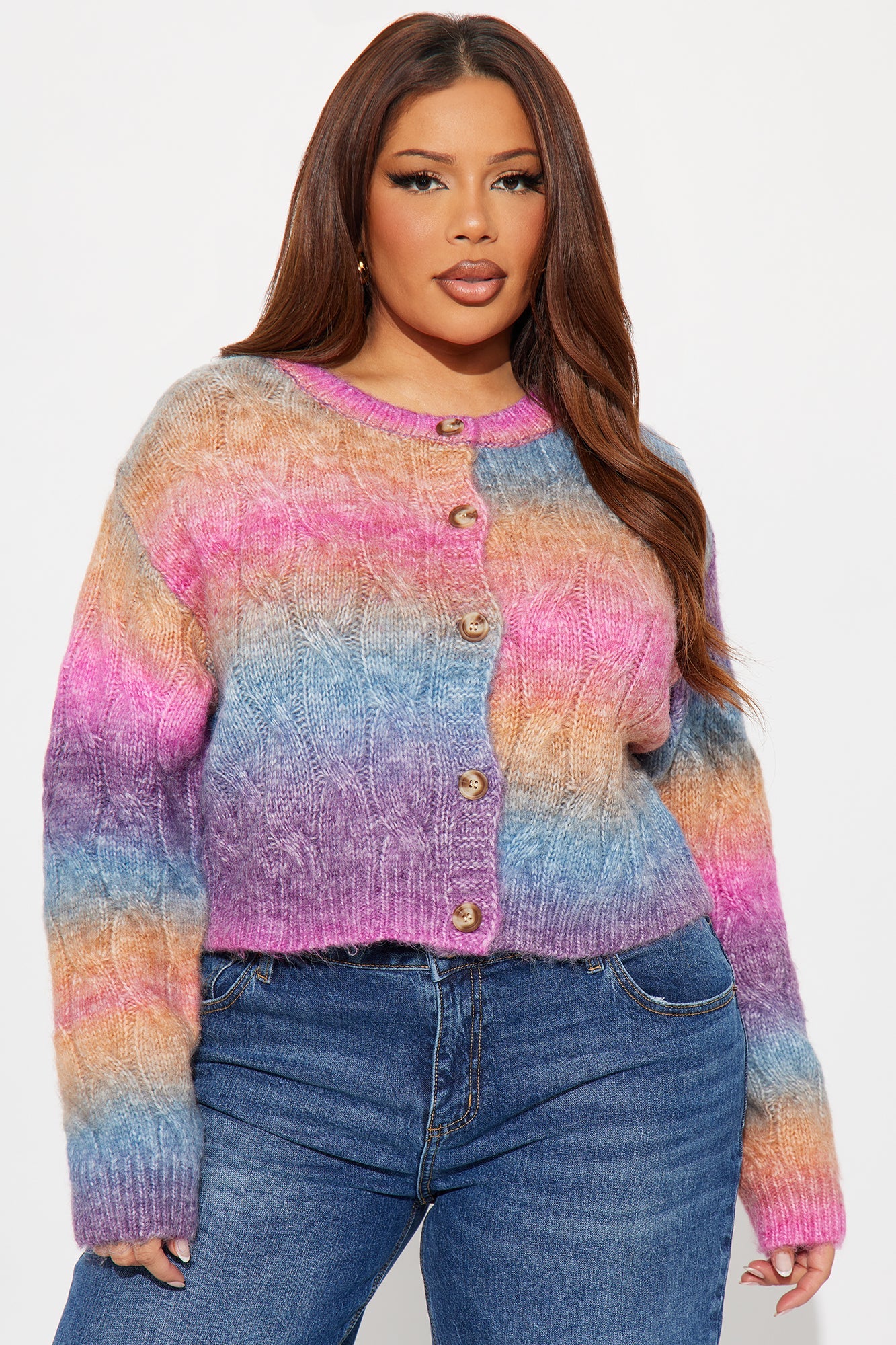Blush Fade Babe Ombre Long Sleeve Crew Neck Cardigan Sweater - Multi Color