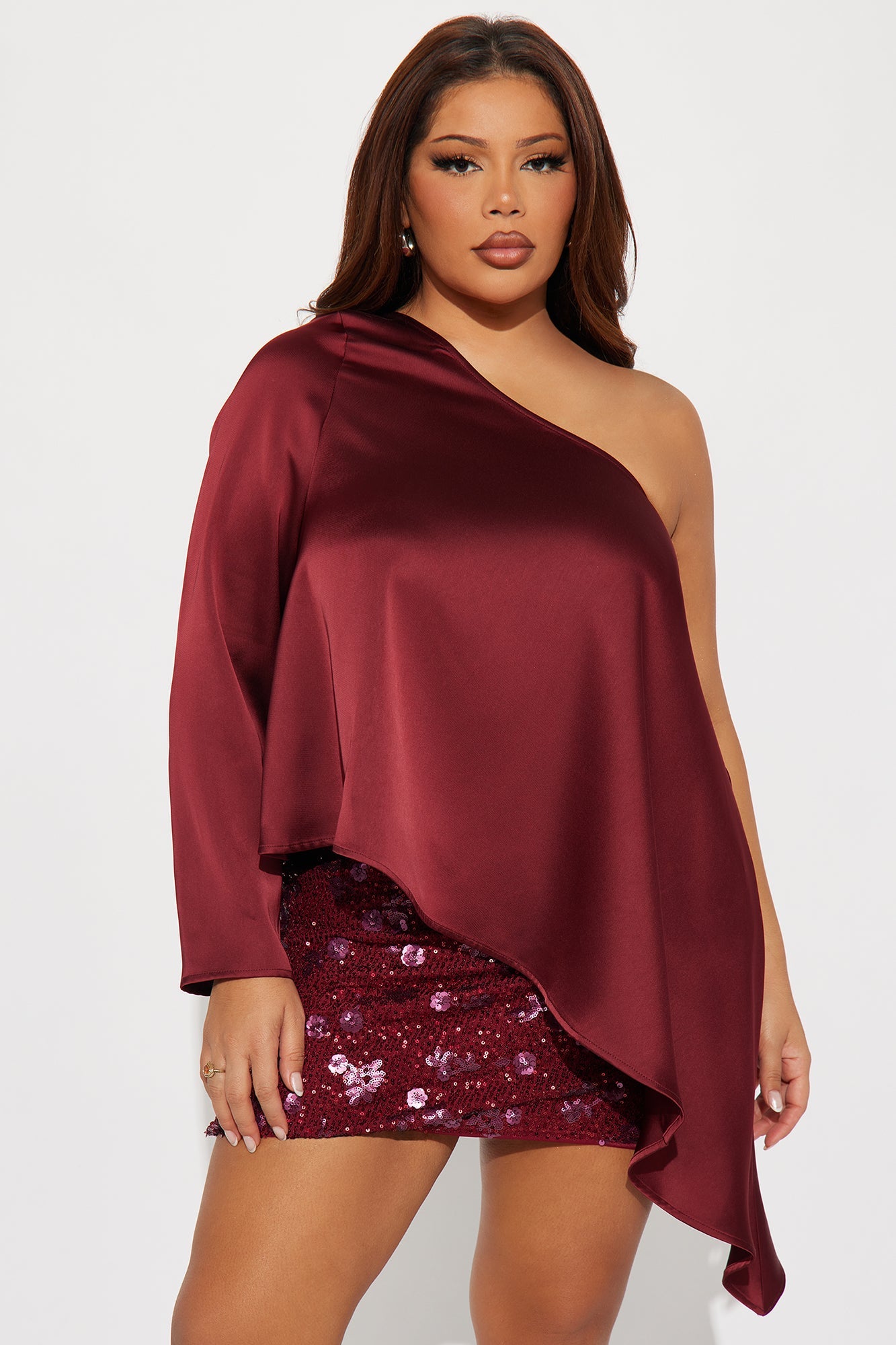 Sugar High One Shoulder Satin Top - Burgundy