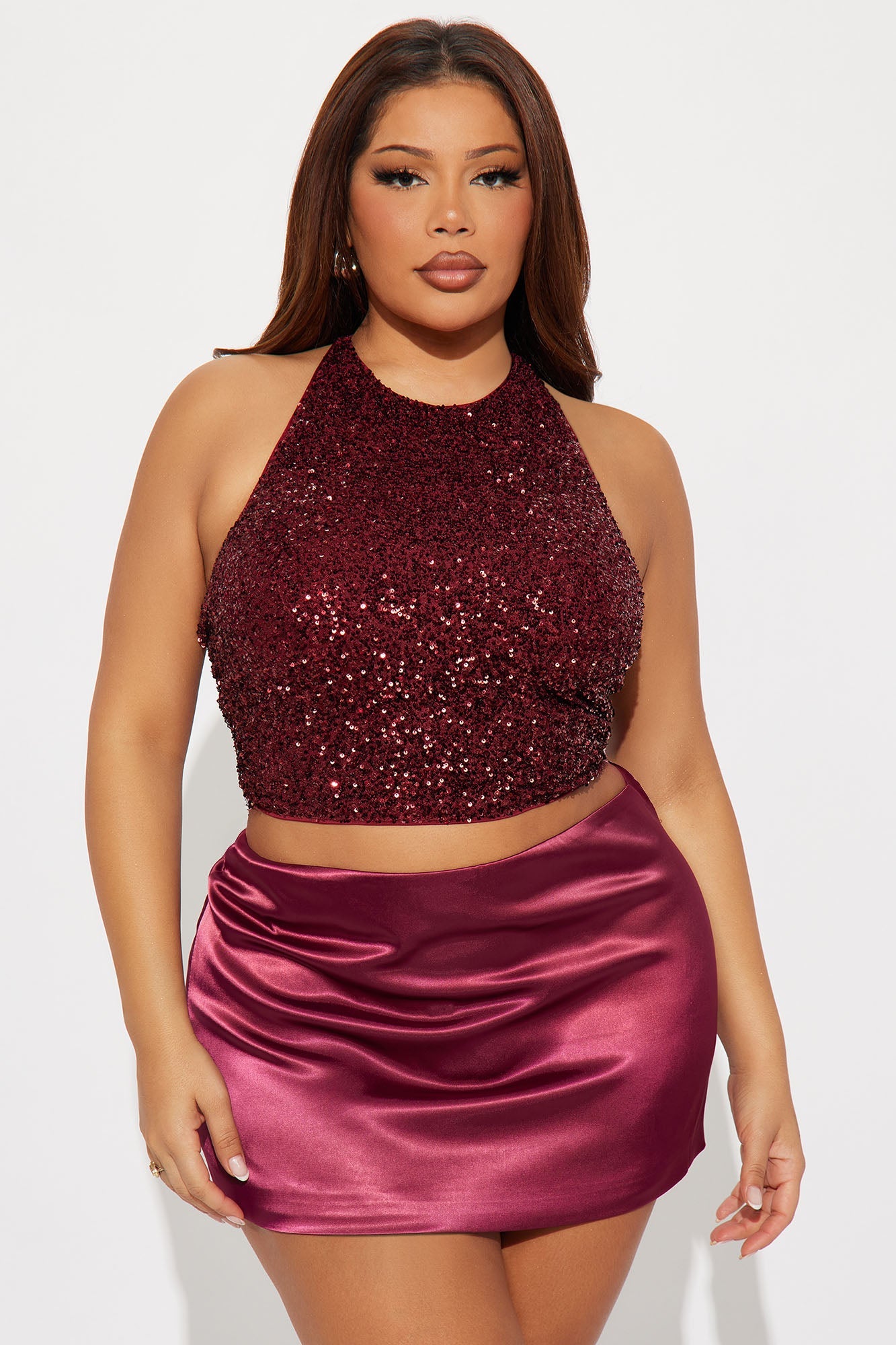 Heather Sequin Halter Top - Burgundy