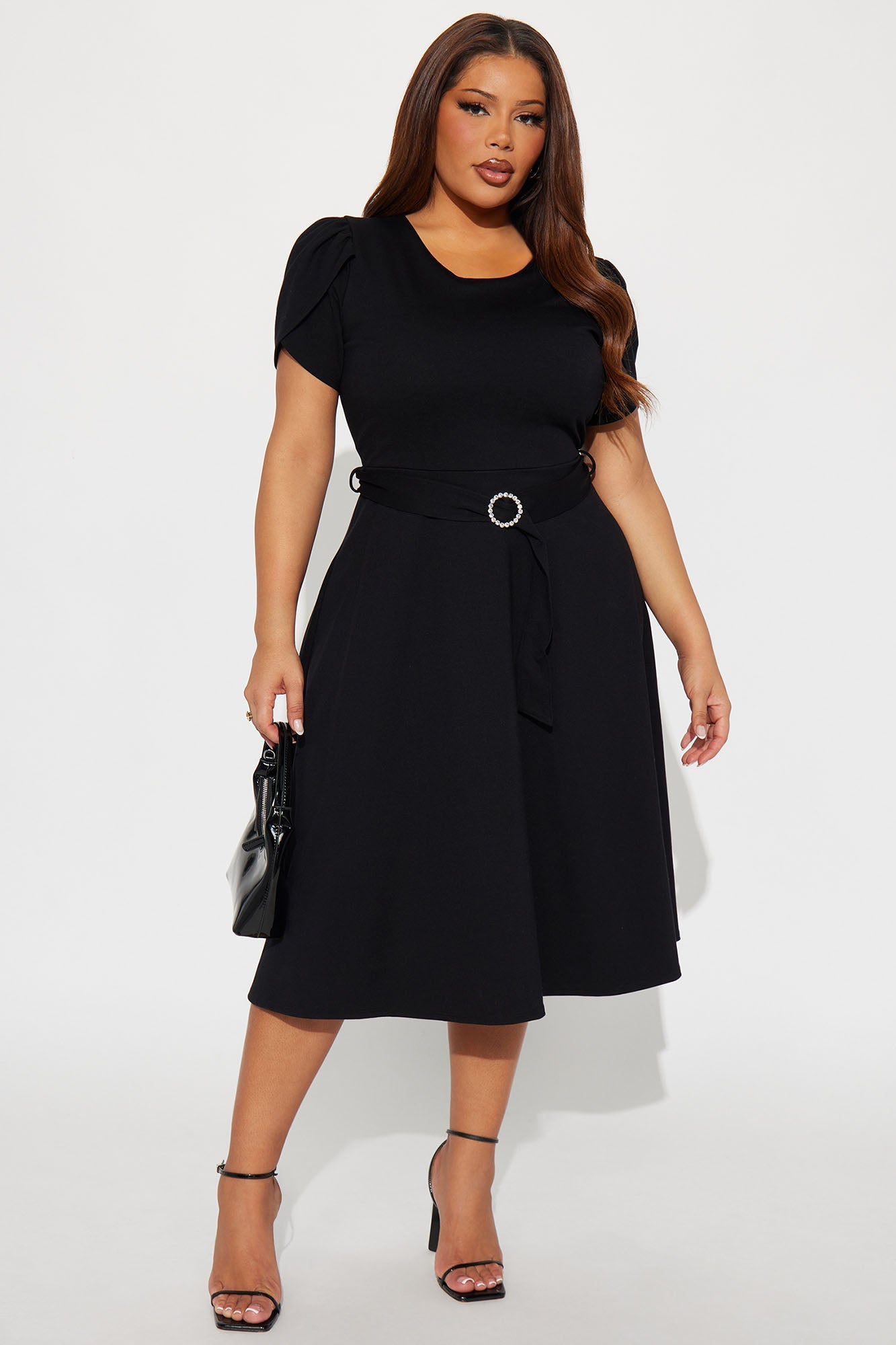 Emmalyn Belted Ponte Midi Dress - Black