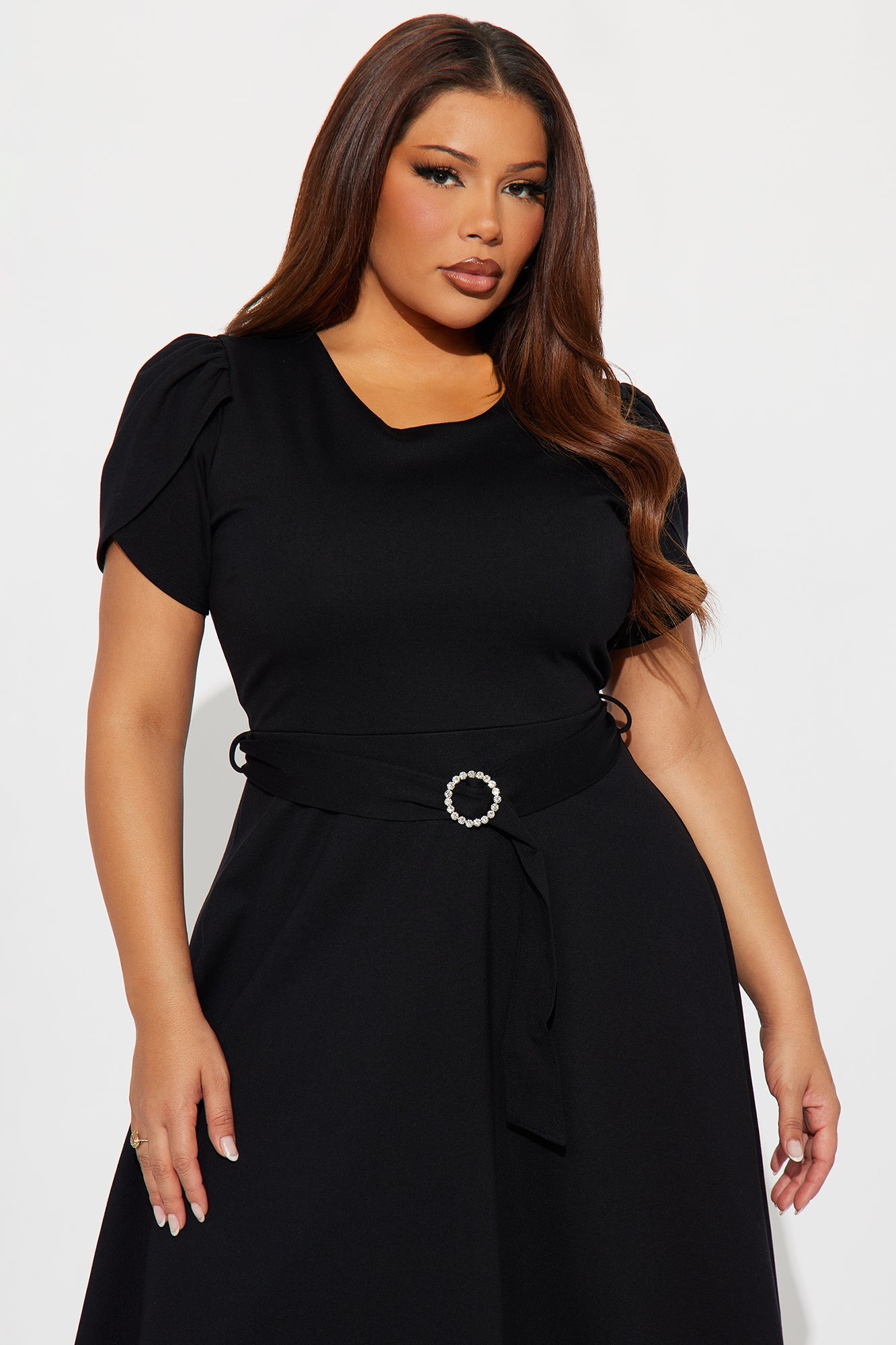Emmalyn Belted Ponte Midi Dress - Black