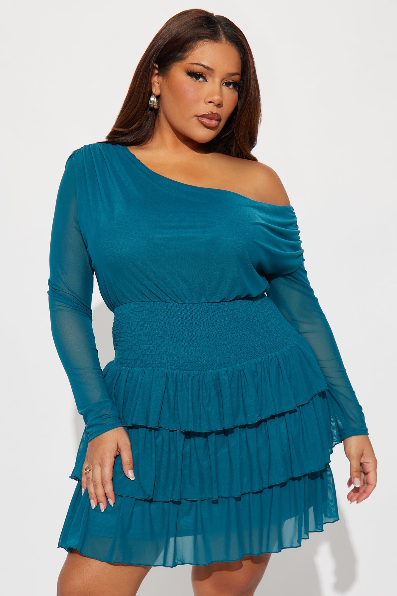 Noor Ruffle Off Shoulder Solid Mesh Mini Dress - Teal