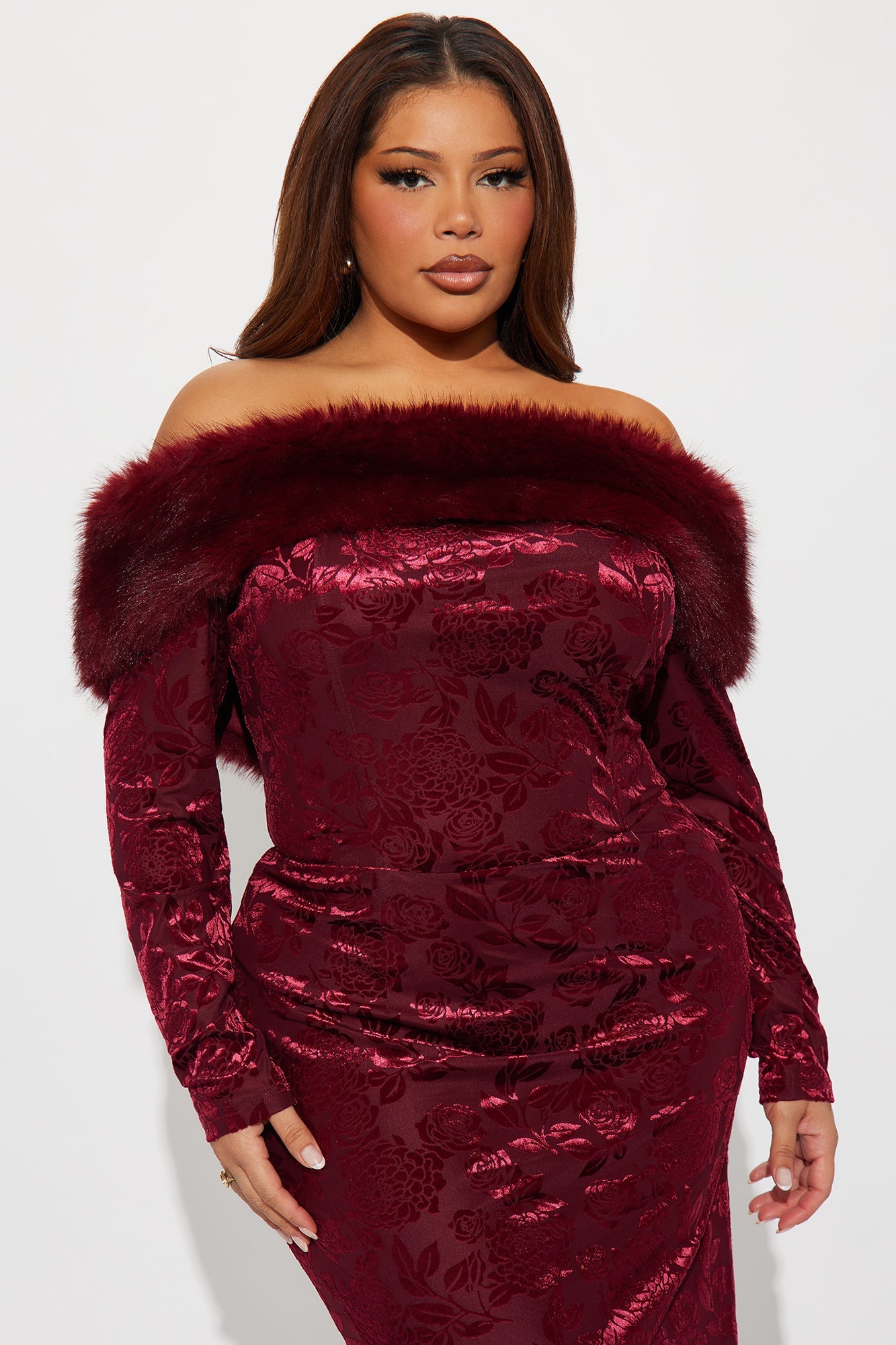 Serve Fur Days Flocked Gown - Wine