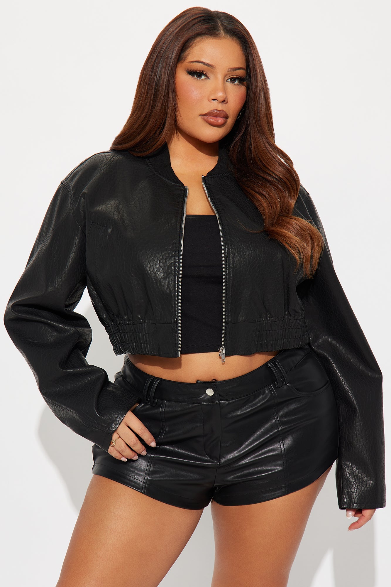 Hailey Cropped Washed Faux Leather Bomber Jacket - Black