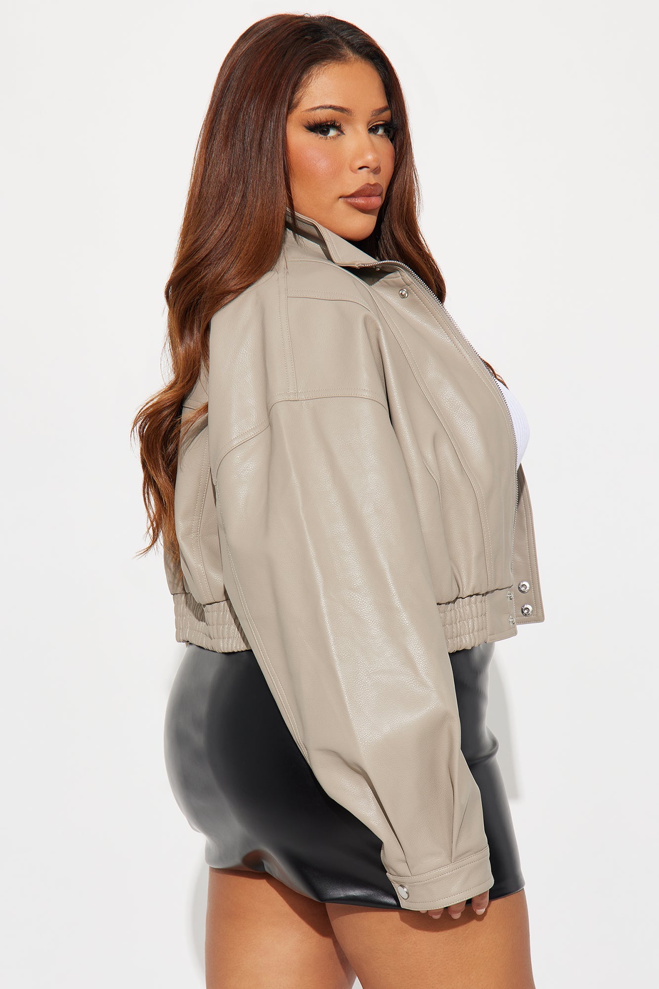 Show Stopper Cropped Faux Leather Bomber Jacket - Taupe