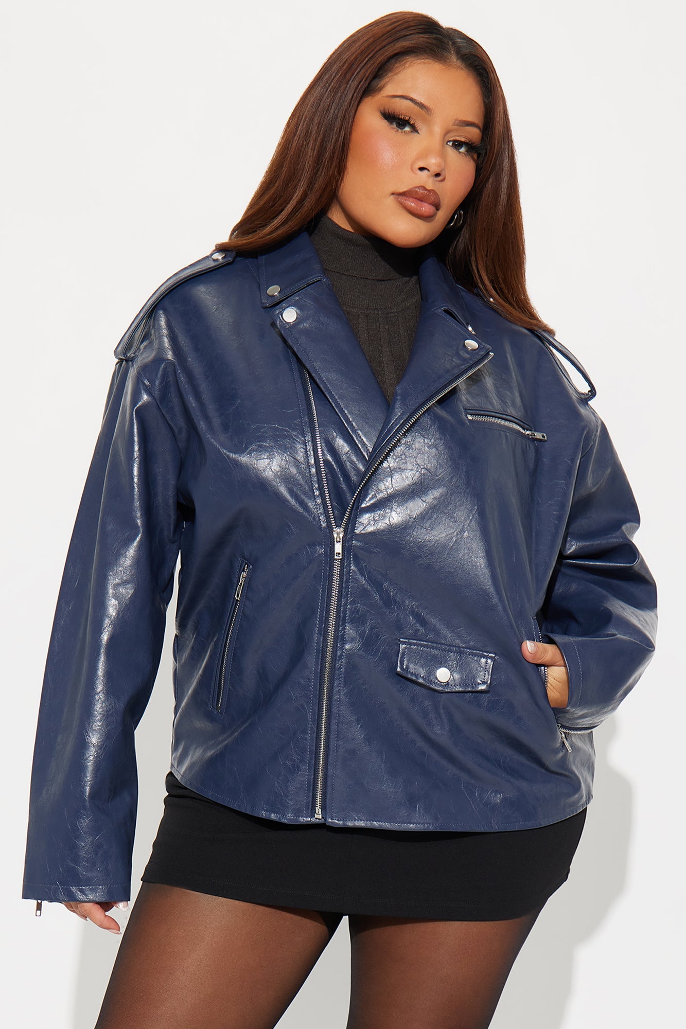 Higher Frequency Faux Leather Moto Jacket - Midnight Blue