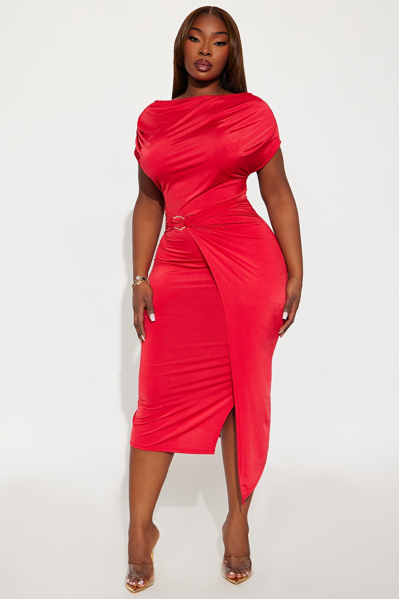 Zavala Off Shoulder Midi Dress - Red