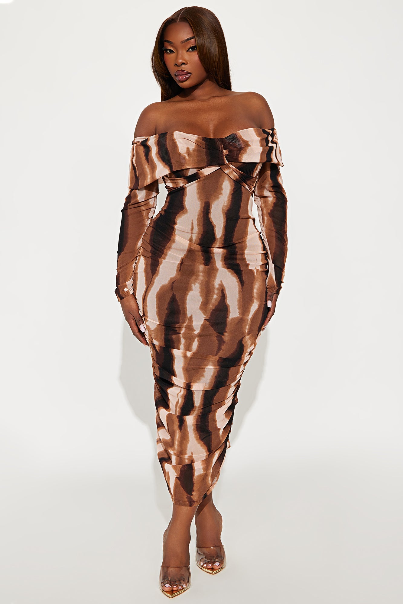 To Dye For Off Shoulder Mesh Midi Dress - Brown