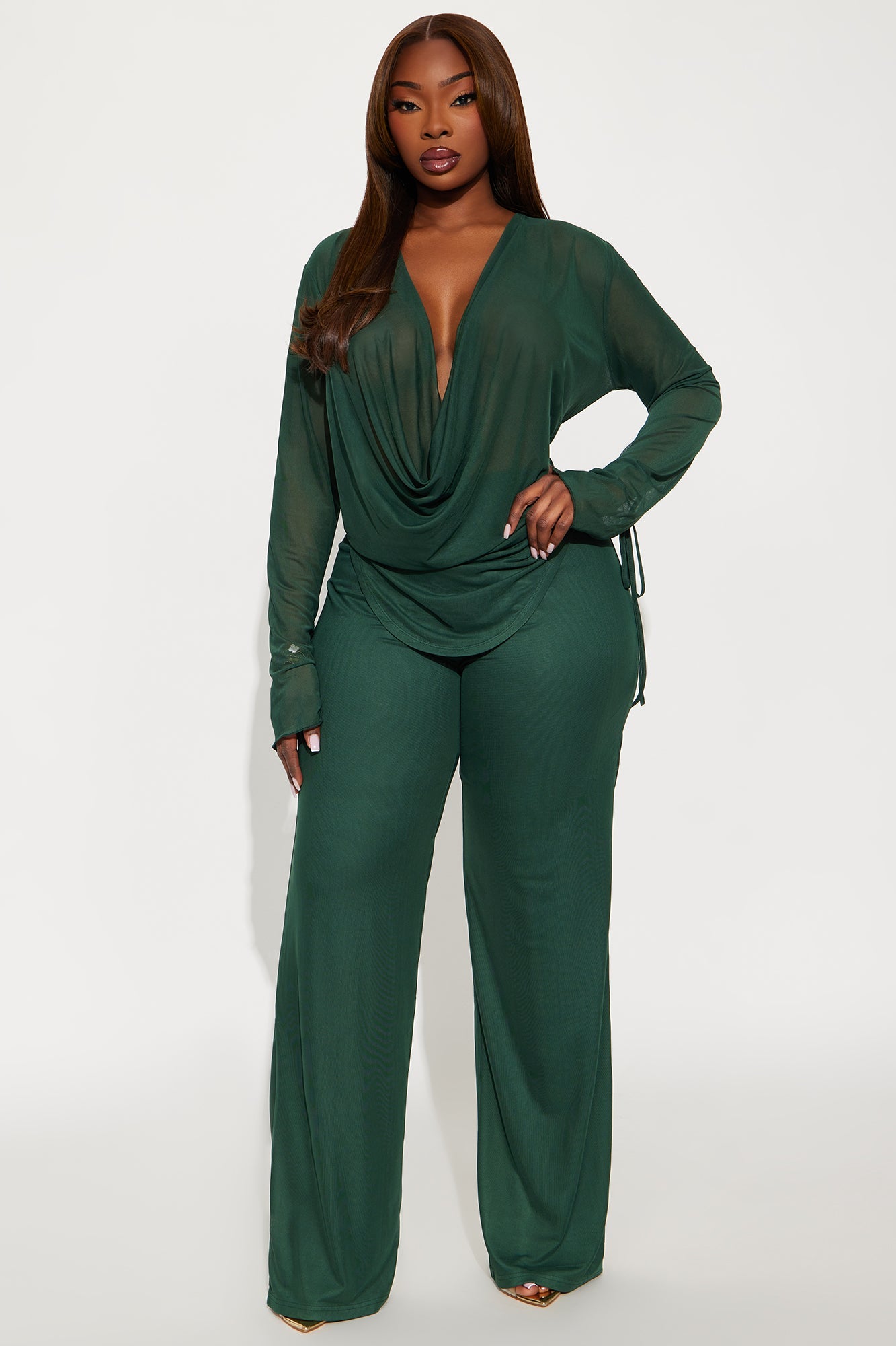 Silent Muse Cowl Neck Mesh Pant Set - Hunter