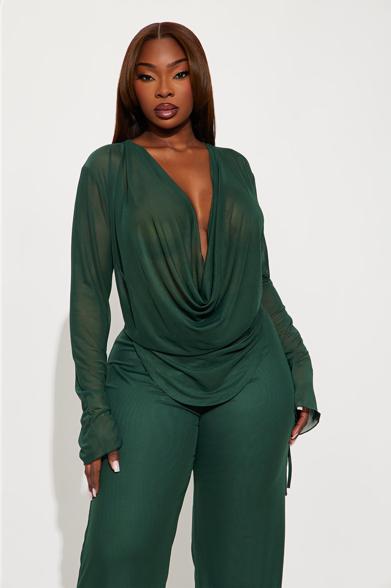 Silent Muse Cowl Neck Mesh Pant Set - Hunter