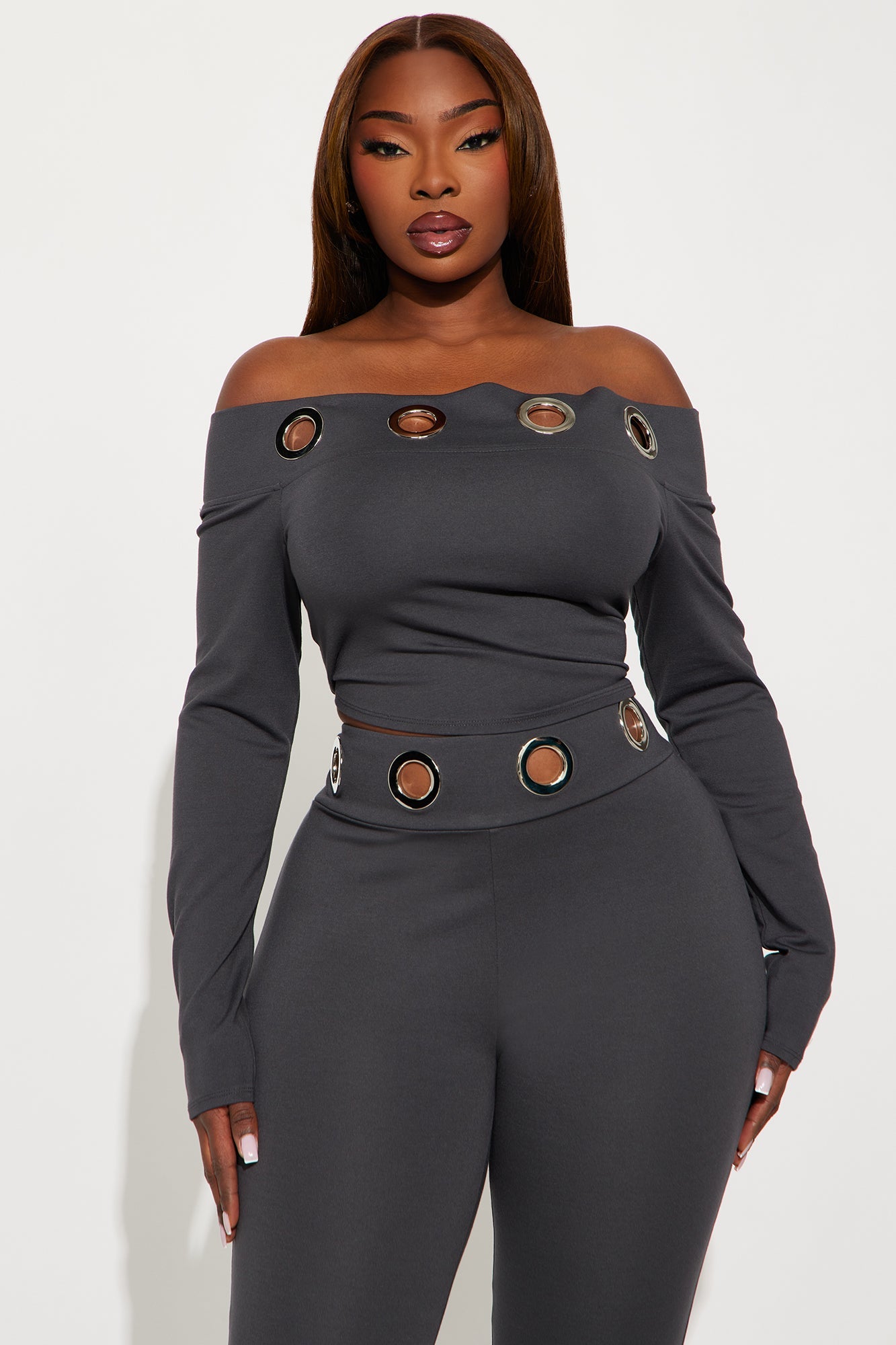 Aria Grommet Off Shoulder Pant Set - Charcoal
